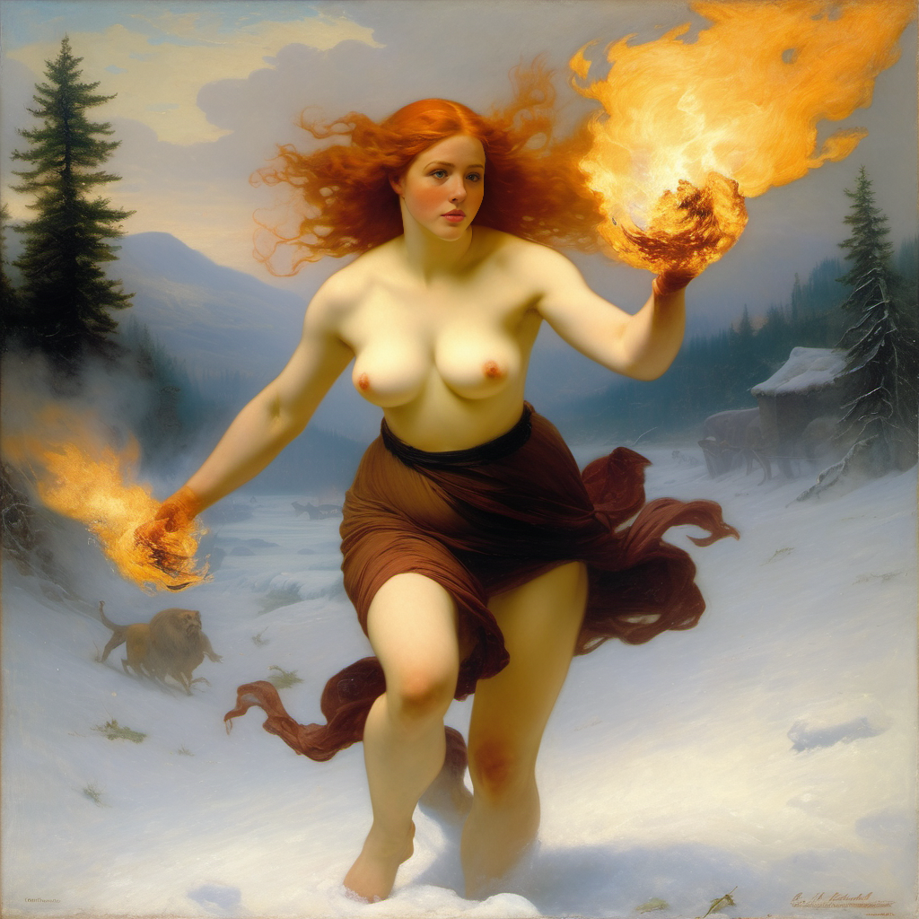 ai_generated belly blue_eyes breasts cloud curly_hair curvy female fire fireball ginger_hair holding_fireball lips long_hair medium_breasts mountain navel nipples pyrokinesis red_hair sky snow solo topless tree wide_hips william_bouguereau