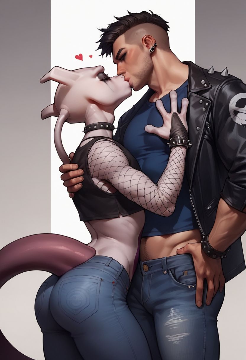 2boys, ai generated, anthro, anthro on human, ass, cerberuspup77926, eyeshadow, femboy, feminine male, furry, gay, human, human on anthro, human on pokemon, jacket, jeans, kiss, kissing, makeup, male, male focus, male only, male/male, mewtwo, muscular, muscular male, pants, pokemon, pokemon (species), pokephilia, romantic couple, shirt, spiked bracelet, spiked collar, tail, yaoi