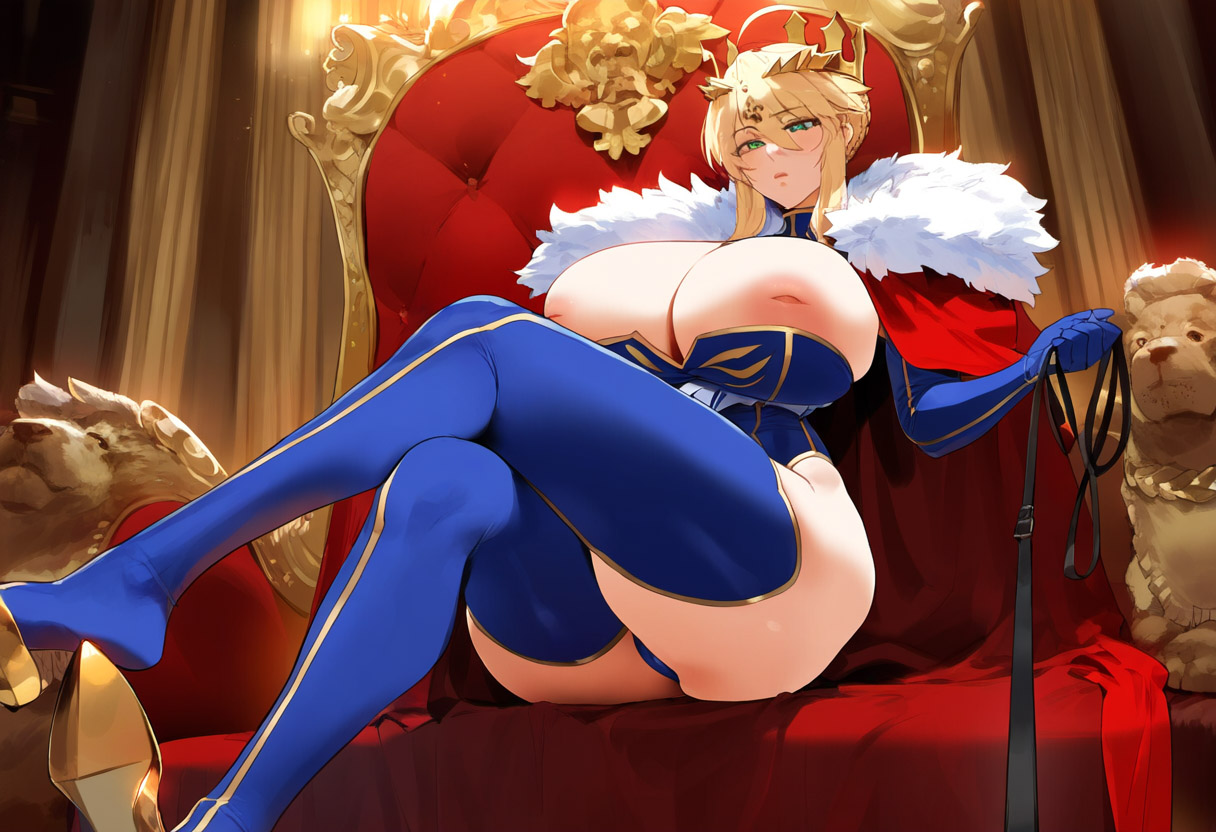1girls, ahoge, ai generated, artoria pendragon, artoria pendragon (lancer), artoria pendragon (lancer) (fate), bangs, blonde hair, blue gloves, blue legwear, blush, breasts, bursting breasts, cape, cleavage, crossed legs, crown, curvaceous, curvy, depressu, fate (series), fate/grand order, female, from front position, front view, fur trim, gloves, green eyes, hair between eyes, holding leash, huge breasts, inverted nipples, large breasts, legs, light skin, light-skinned female, looking at viewer, mature, mature female, naughty face, sidelocks, sitting, solo, swept bangs, thighhighs, thighs, throne