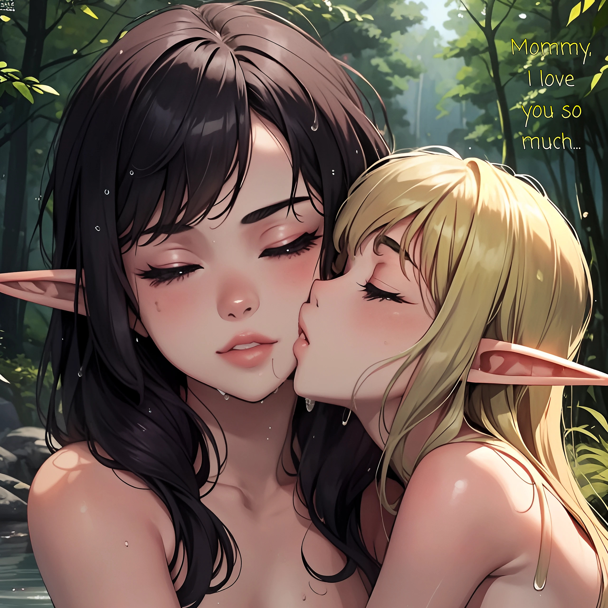 2girls, age difference, ai generated, bathing, bathing together, blonde female, blonde hair, blonde-haired female, blush, brown hair, brunette hair, closed eyes, daughter, dazer, elf, english text, female, kissing, kissing cheek, loving, mother, mother and daughter, nature, nature background, nude, nude female, original, size difference, tagme, water, wet, wet hair, wet skin, yuri