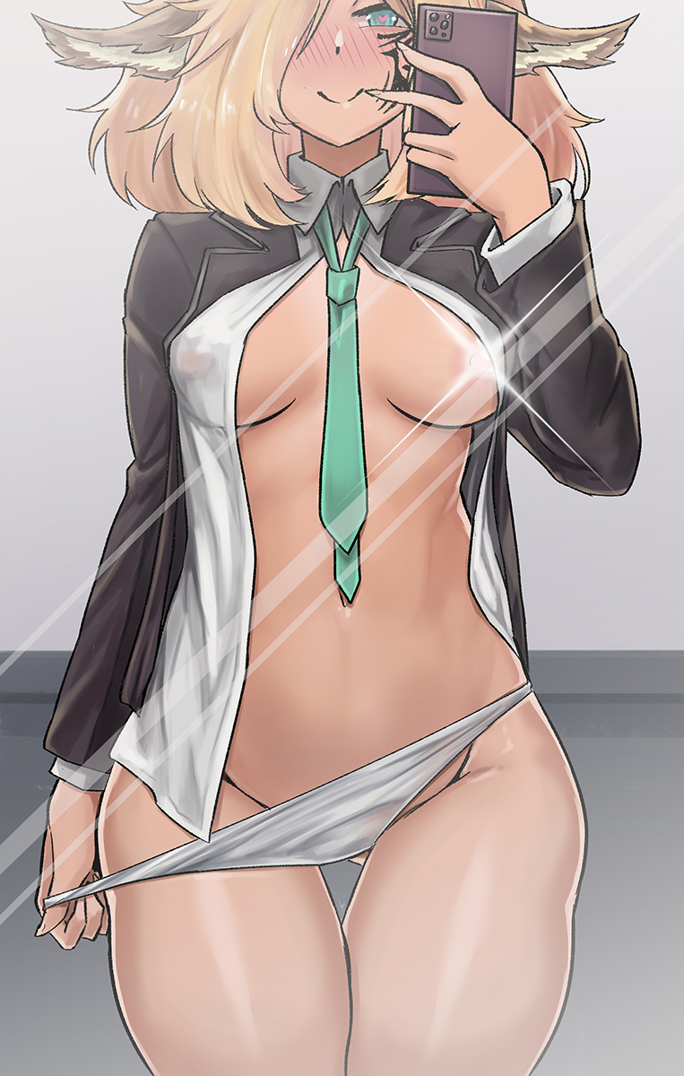 animal_ears blonde_hair blue_eyes celica_(xenoblade_x) collared_shirt damagefloor dark-skinned_female dark_skin facial_markings female hair_over_one_eye heart-shaped_pupils large_breasts nintendo okasaretafuroa panties panty_pull phone school_uniform selfie smile solo thigh_gap underwear xenoblade_(series) xenoblade_chronicles_(series) xenoblade_chronicles_x