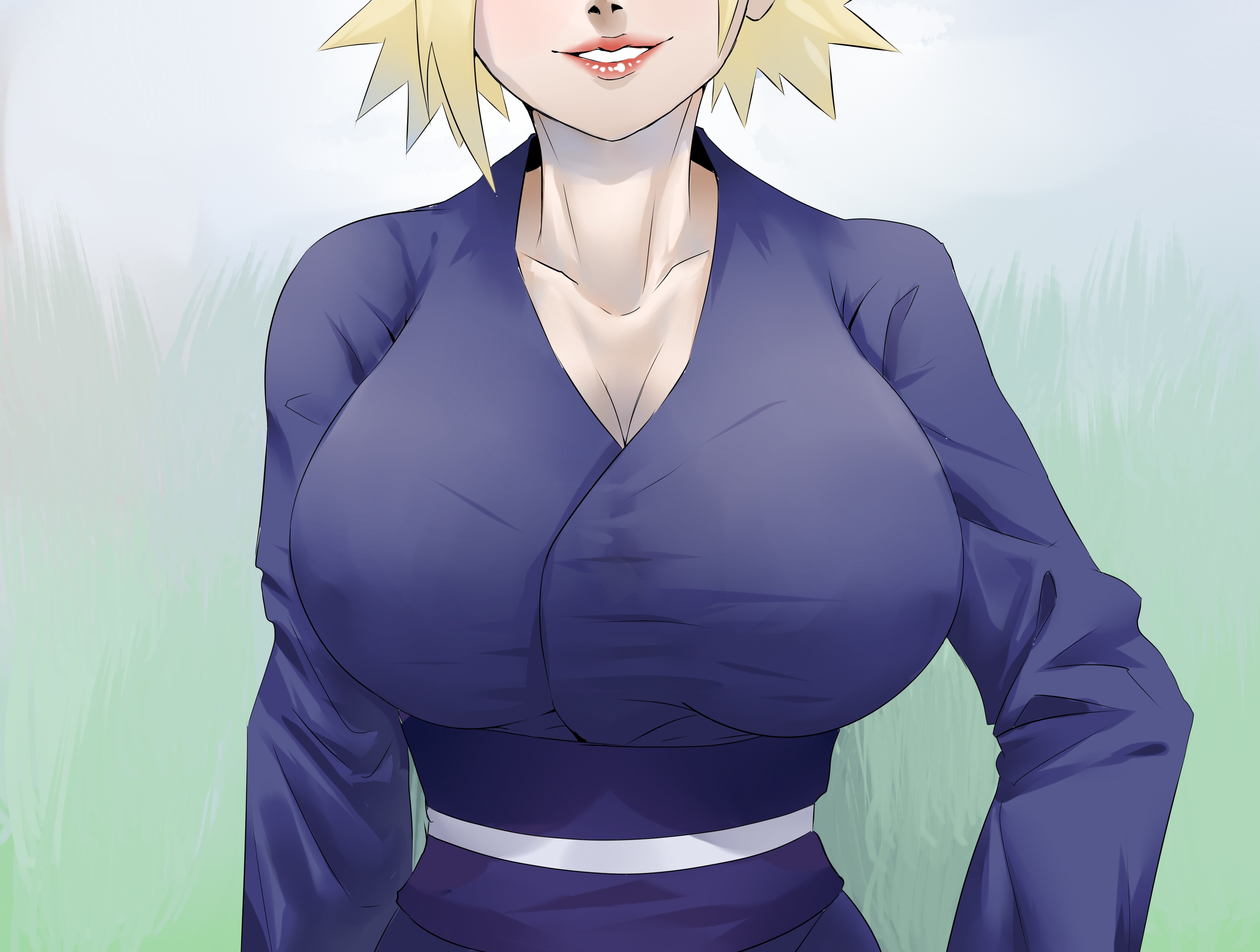 1girls, big breasts, blonde hair, boruto: naruto next generations, breast focus, breasts, cleavage, female, female only, grin, head out of frame, huge breasts, kimono, large breasts, naruto, naruto (series), shinimi (nishimiya shirone), smile, solo, temari