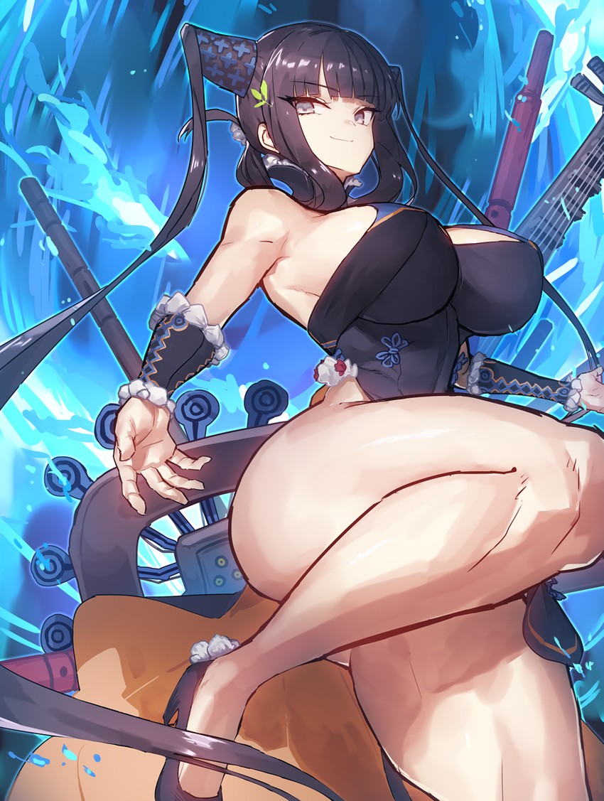 alternate breast size, big breasts, breasts, chinese dress, curvy, dark hair, fate (series), fate/grand order, female, grey eyes, hair ornament, instrument, looking at viewer, melon22, thick thighs, twintails, water, yang guifei (fate/grand order)