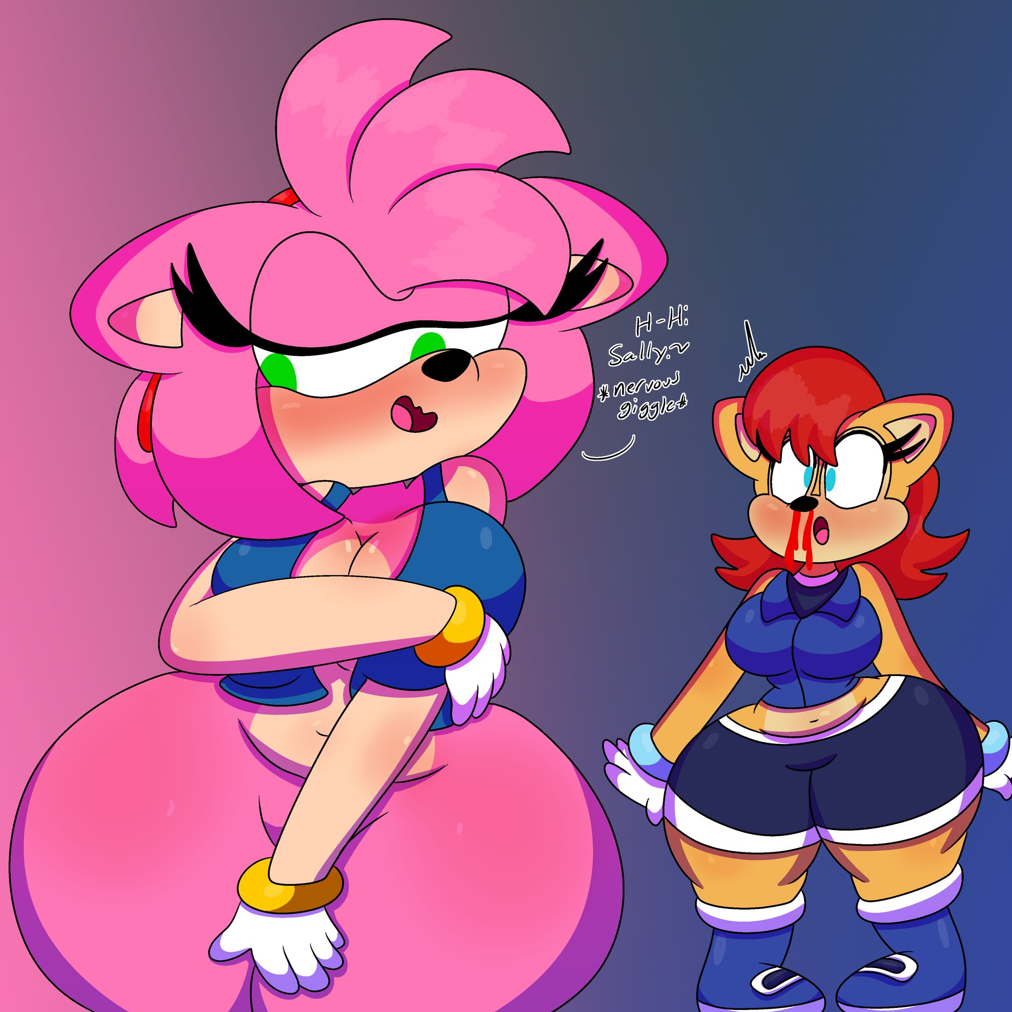 2girls, 3barts, amy rose, anthro, archie comics, bottomless, breasts, chipmunk, covering breasts, covering crotch, embarrassed, female, female only, furry, hedgehog, hi res, highres, nosebleed, pink fur, sally acorn, sega, shortstack, sonic (series), sonic the hedgehog (archie), sonic the hedgehog (comics), sonic the hedgehog (series), vest, yuri