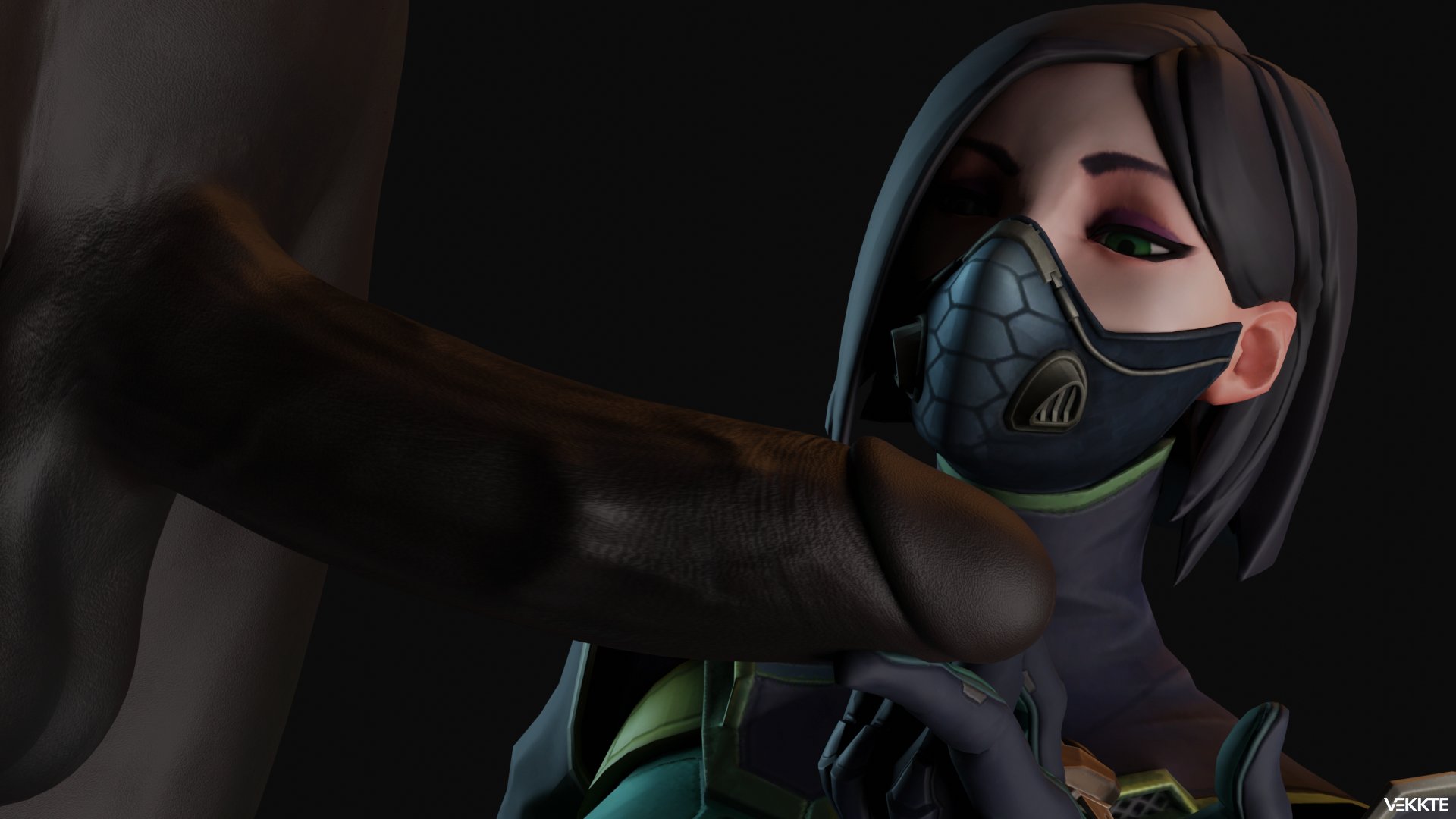 1boy, 1girls, 3d, big penis, dark skin, dark-skinned male, faceless male, female, interracial, male, penis, unseen male face, valorant, vekkte, video game character, viper (valorant)