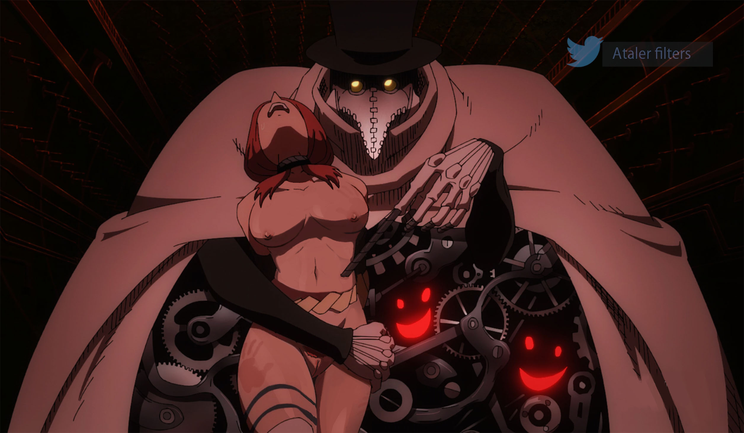 abs, areolae, belt, breasts, dr.giovanni, dubious consent, edit, edited, enen no shouboutai, female, fire force, groping, hostage, legs, lisa isaribi, nipples, nude, nude female, nude filter, pubic hair, pussy, red hair, screenshot edit, stranger, struggling, thick thighs, thighhighs, thighs, vagina