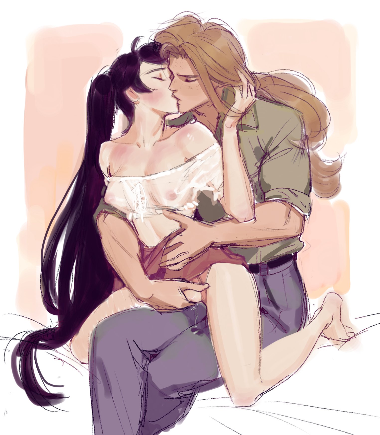 1boy, 1girls, arched back, bare shoulders, breasts, bromeo (lacryboy), closed eyes, clothed, clothing, crop top, female, fingering, fingering from behind, fully clothed, grinding, groping, high ponytail, kim (lacryboy), kissing, lacryboy, larger male, long hair, male, medium breasts, melanpsycholia, midriff, midriff baring shirt, on bed, panties, ponytail, pussy, pussy juice, reverse upright straddle, romantic, see-through, sitting, sitting on lap, sitting on person, sketch, skirt, skirt around belly, skirt lift, strapless, very long hair, wet