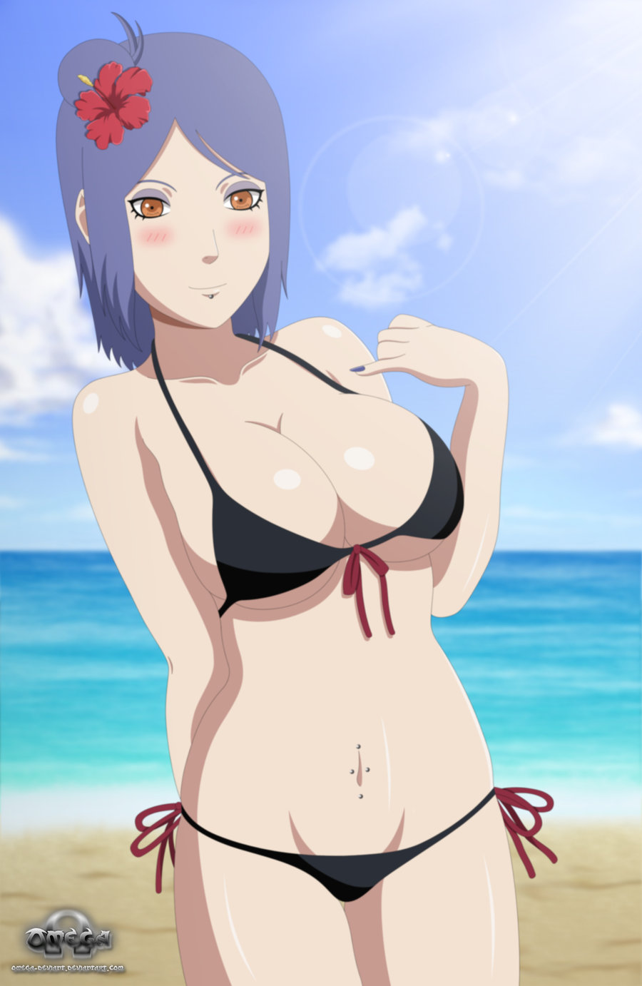 1girls, beach, bikini, blue hair, blush, breasts, cleavage, female, female only, hair ornament, konan, large breasts, long fingernails, naruto, naruto (series), naruto shippuden, navel piercing, ocean, omega-deviant, piercing, sand, short hair, smile, solo, swimsuit, water