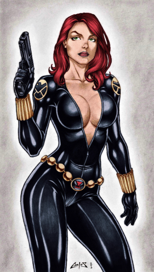 1girls black_widow_(marvel) bodysuit breasts carlos_braga cleavage clothed colored drawingthings12 female female_only green_eyes gun human human_only large_breasts lipstick long_hair marvel marvel_comics natasha_romanoff red_hair s.h.i.e.l.d. skin_tight solo unzipped unzipped_bodysuit weapon