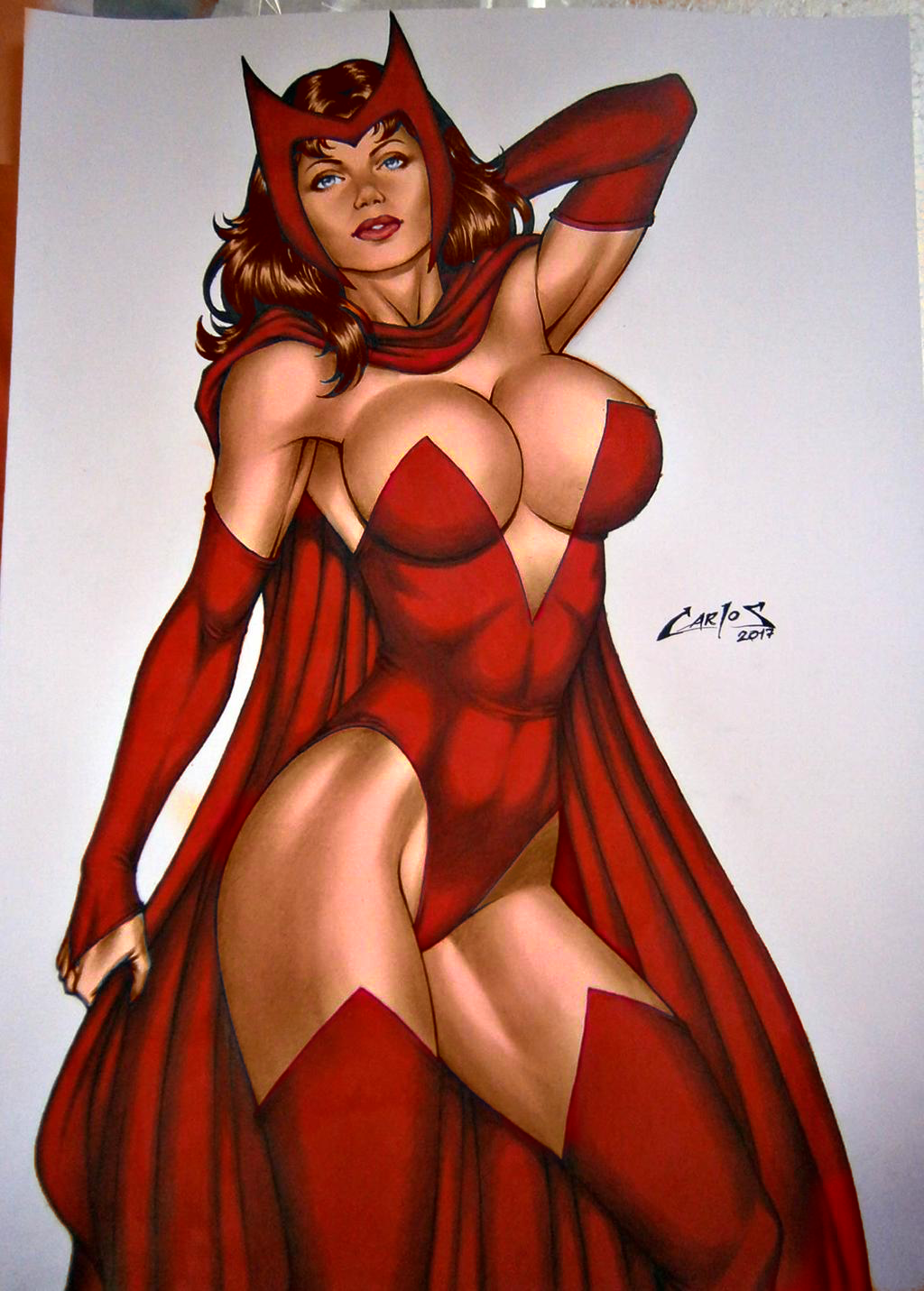 1girls avengers blue_eyes breasts brown_hair cape carlos_braga cleavage clothed colored drawingthings12 edit female female_only large_breasts lipstick long_hair marvel red_clothing scarlet_witch solo superheroine wanda_maximoff x-men