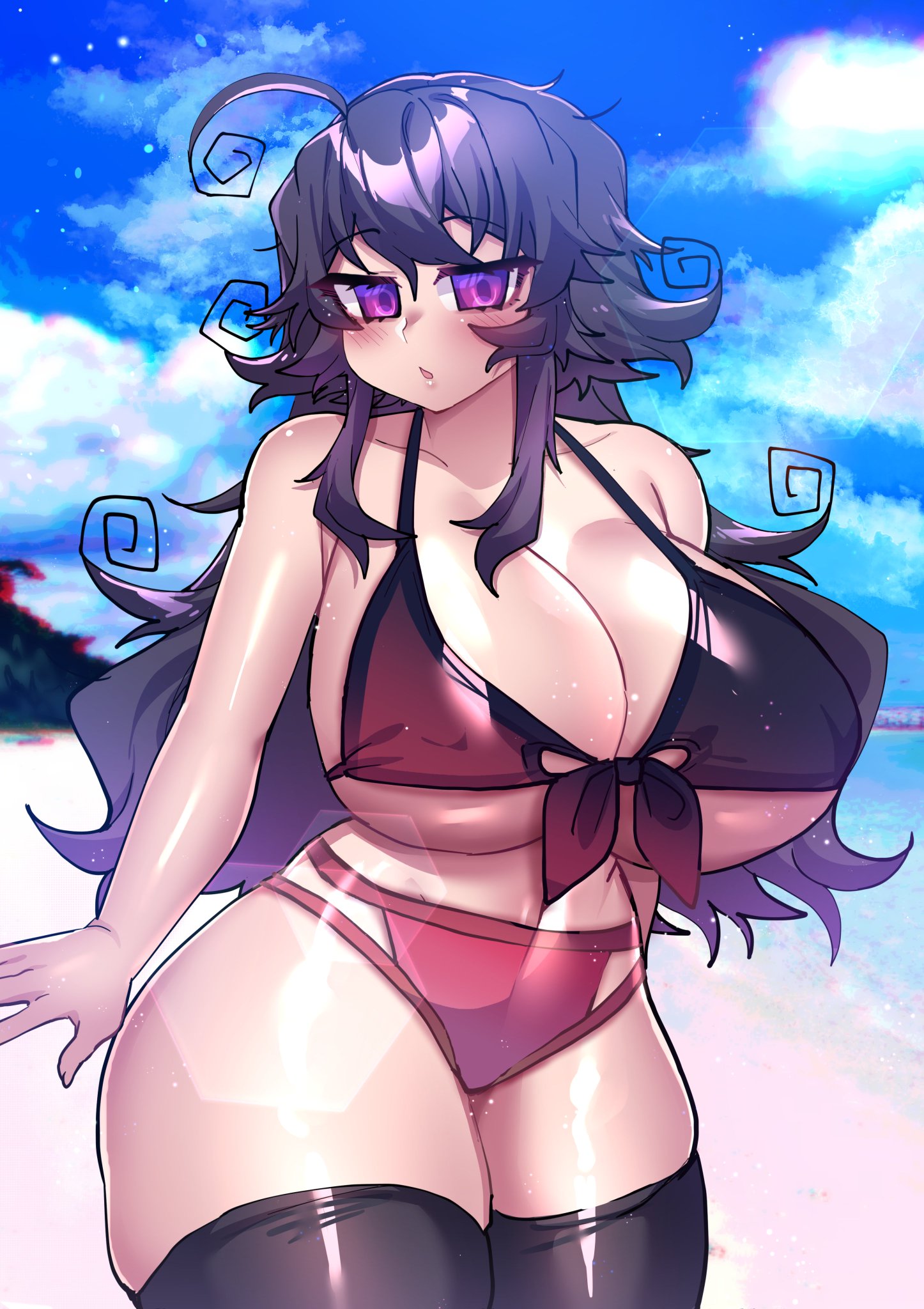 :o, ass, beach, bikini, blush, breasts, cleavage, crawling dreams, curvy, dark hair, female, higher resolution available, huge ass, huge breasts, long hair, nyarla (crawling dreams), nyarla (osiimi), open mouth, osiimi, purple eyes, thick thighs, thighhighs, wide hips