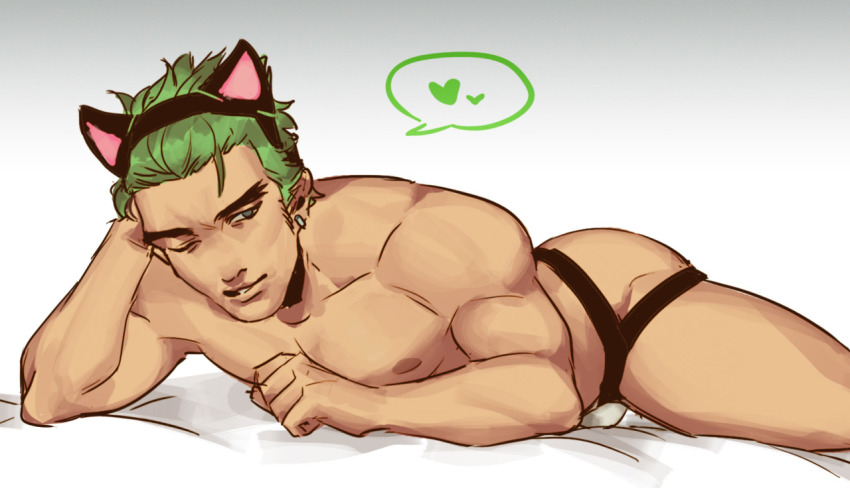 1boy, ass, ass up, bed, cat ears, earrings, francishsie, genji, green hair, male, male only, muscular, muscular male, overwatch, short hair, solo, young, young genji