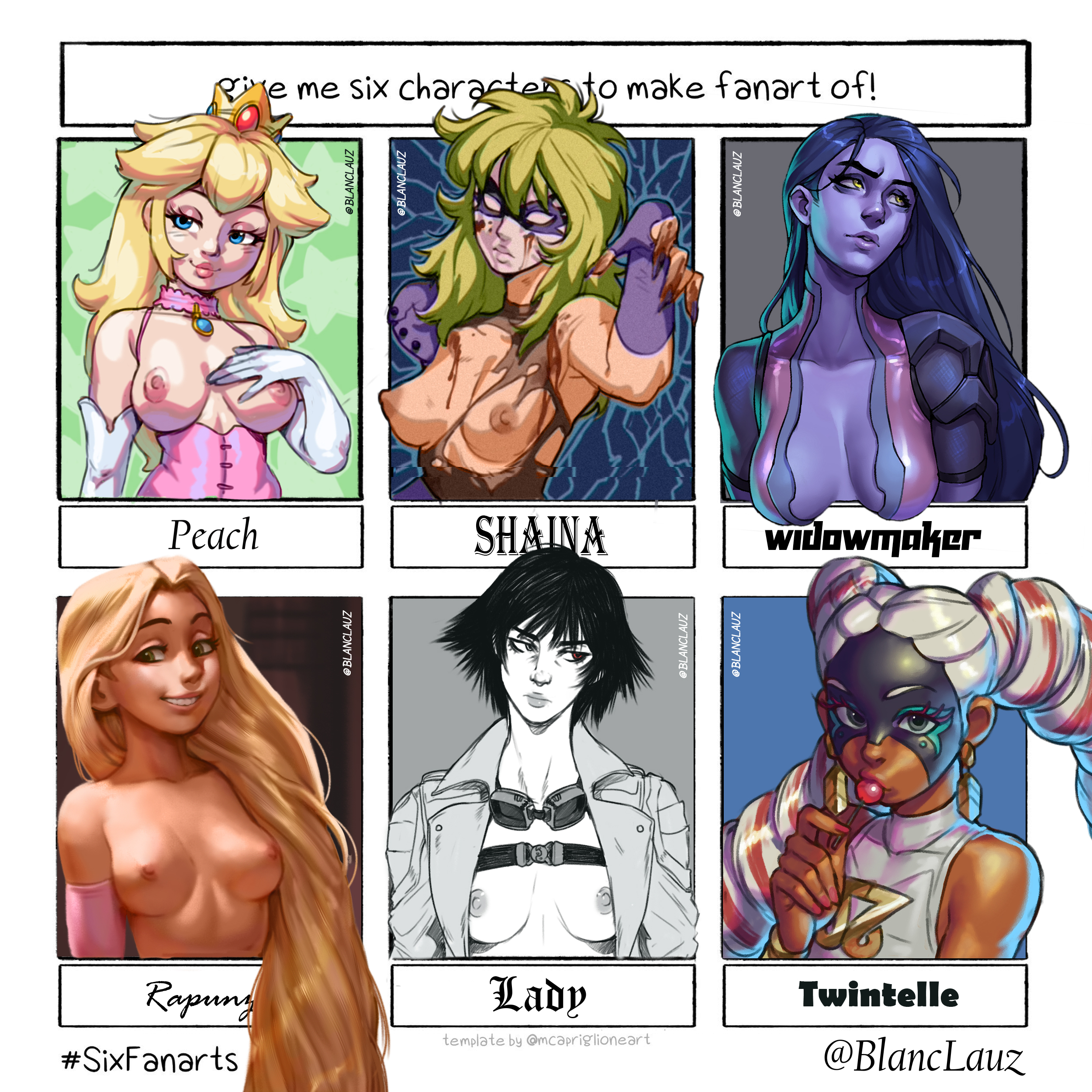 2d, 6+girls, 6girls, arms (game), blanclauz, breasts, breasts out, bust, busty, character name, cleavage, clothing, crossover, devil may cry, devil may cry (series), devil may cry 5, disney, eastern and western character, english text, female, female only, heterochromia, lady (devil may cry), long hair, male, mario (series), mask, meme, multiple boys, multiple females, multiple girls, multiple males, nintendo, nipples, open clothes, ophiuchus shaina, overwatch, panels, portrait, pose, presenting breasts, princess peach, purple skin, rapunzel, saint seiya, short hair, six fanarts challenge, smile, straight hair, take your pick, tangled, text, topless, torn clothes, twintelle, very long hair, widowmaker