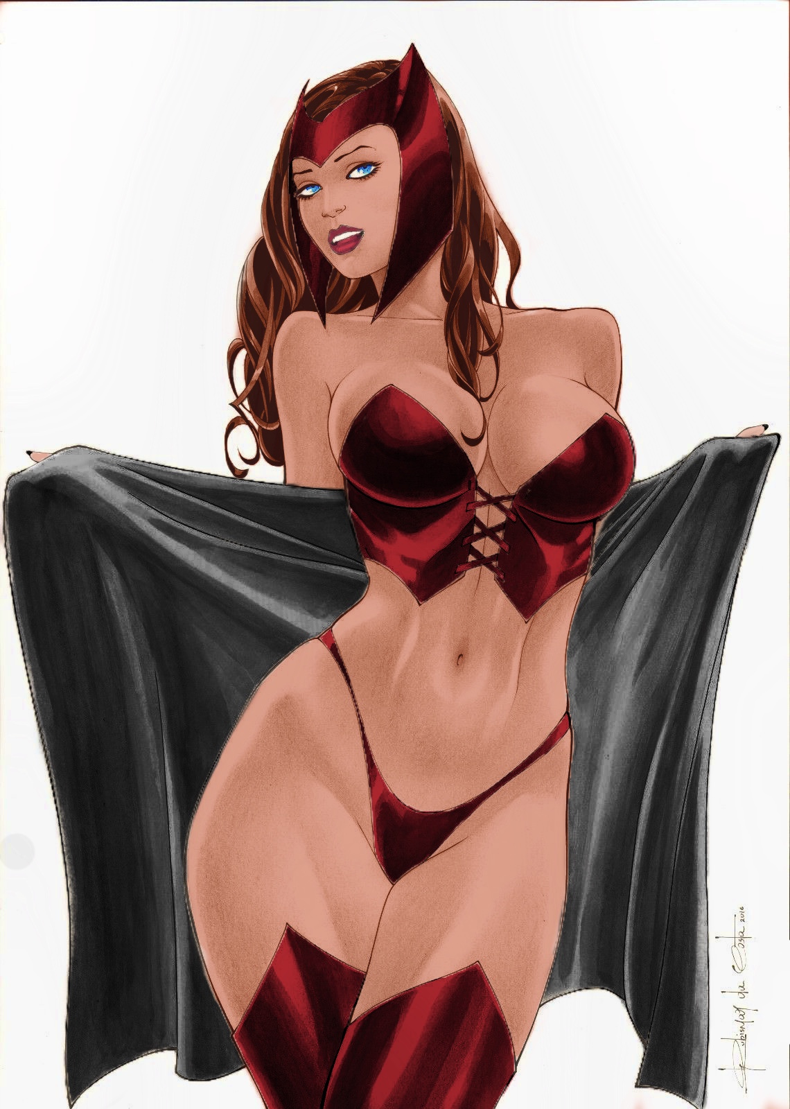 bikini, brown hair, colored, drawingthings12, ed benes studio, edit, female, marvel, marvel comics, open towel, red bikini, scarlet witch, towel, wanda maximoff