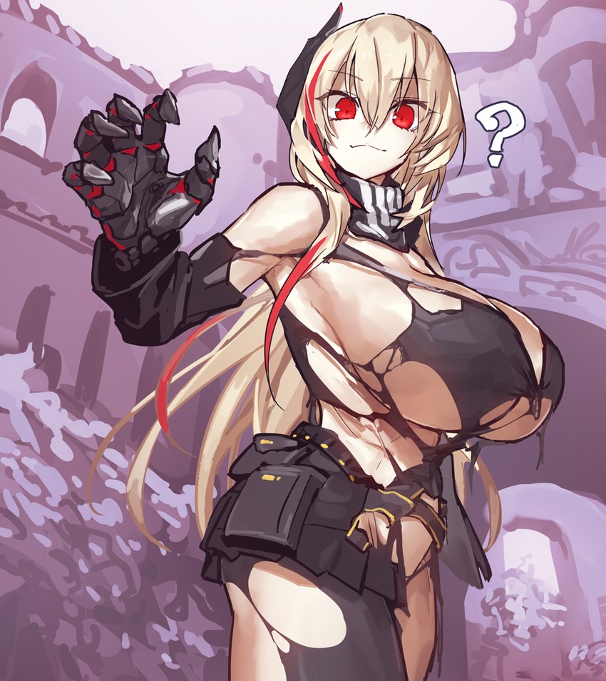 :3, breasts, claws, female, girls' frontline, huge breasts, looking at viewer, m4 sopmod ii (girls' frontline), melon22, muscular, muscular thighs, question mark, red eyes, ripped clothing, smile, streaked hair, thick thighs