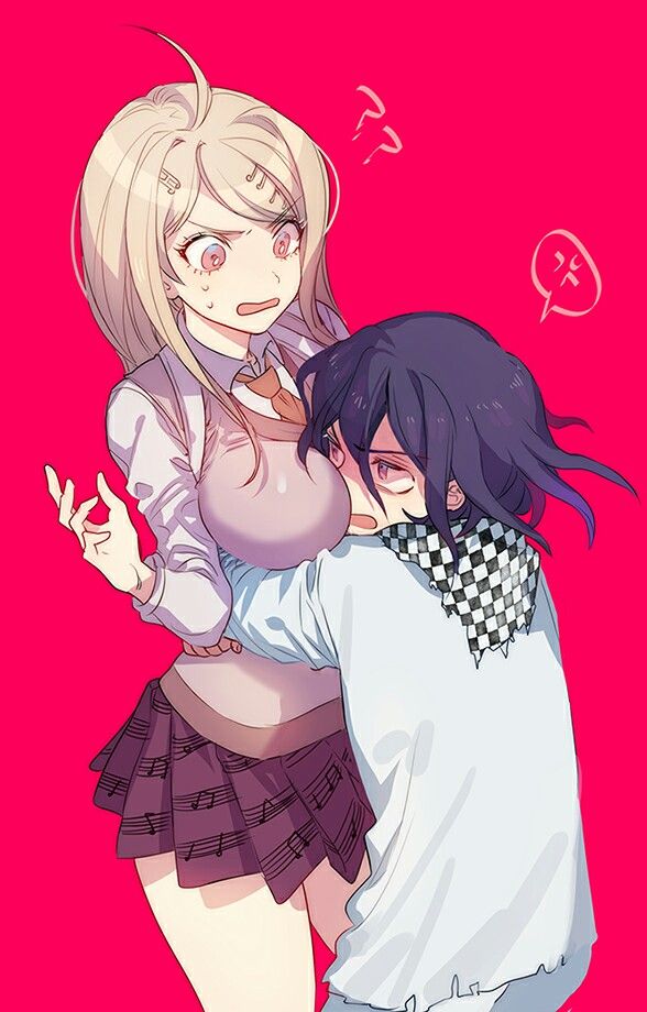 1boy, 1girls, akamatsu kaede, angry, between breasts, big breasts, blonde hair, breasts, clothed, danganronpa, danganronpa v3, embarrassed, female, male, ouma kokichi, pink eyes, purple eyes, purple hair, shorter male, skirt, straight, straight hair, zuizi
