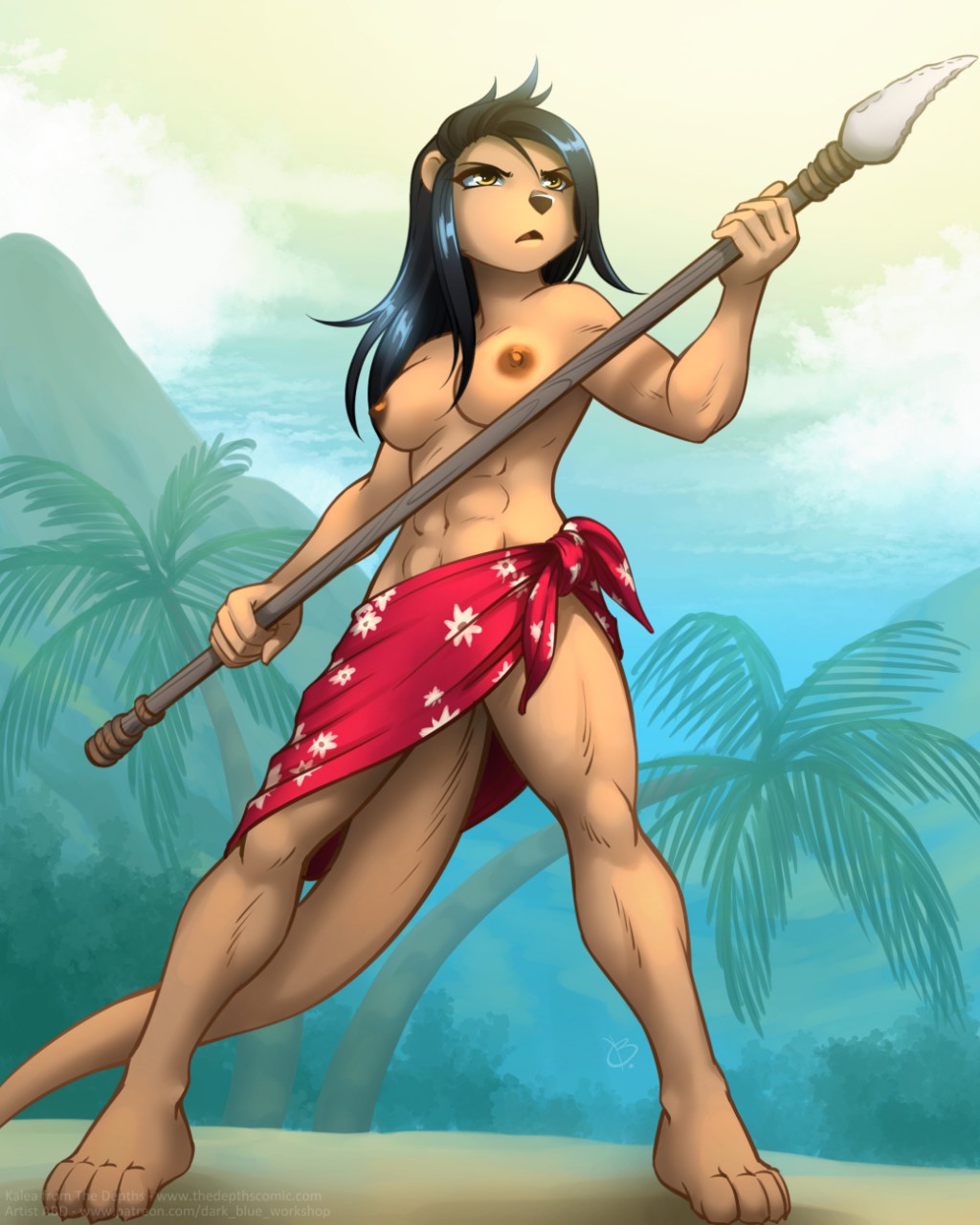 1girls 4:5 4_toes abluedeer abs action_pose anthro barefoot beach black_hair breasts brown_body brown_fur claws clothed clothing feet female fur hair hi_res holding_object holding_spear holding_weapon lutrine malana_(lei-lani) mammal melee_weapon muscular_female mustelid navel nipples palm_tree patreon_username polearm pose public_topless seaside solo spear the_depths toes topless topless_anthro topless_female tree weapon webcomic yellow_eyes