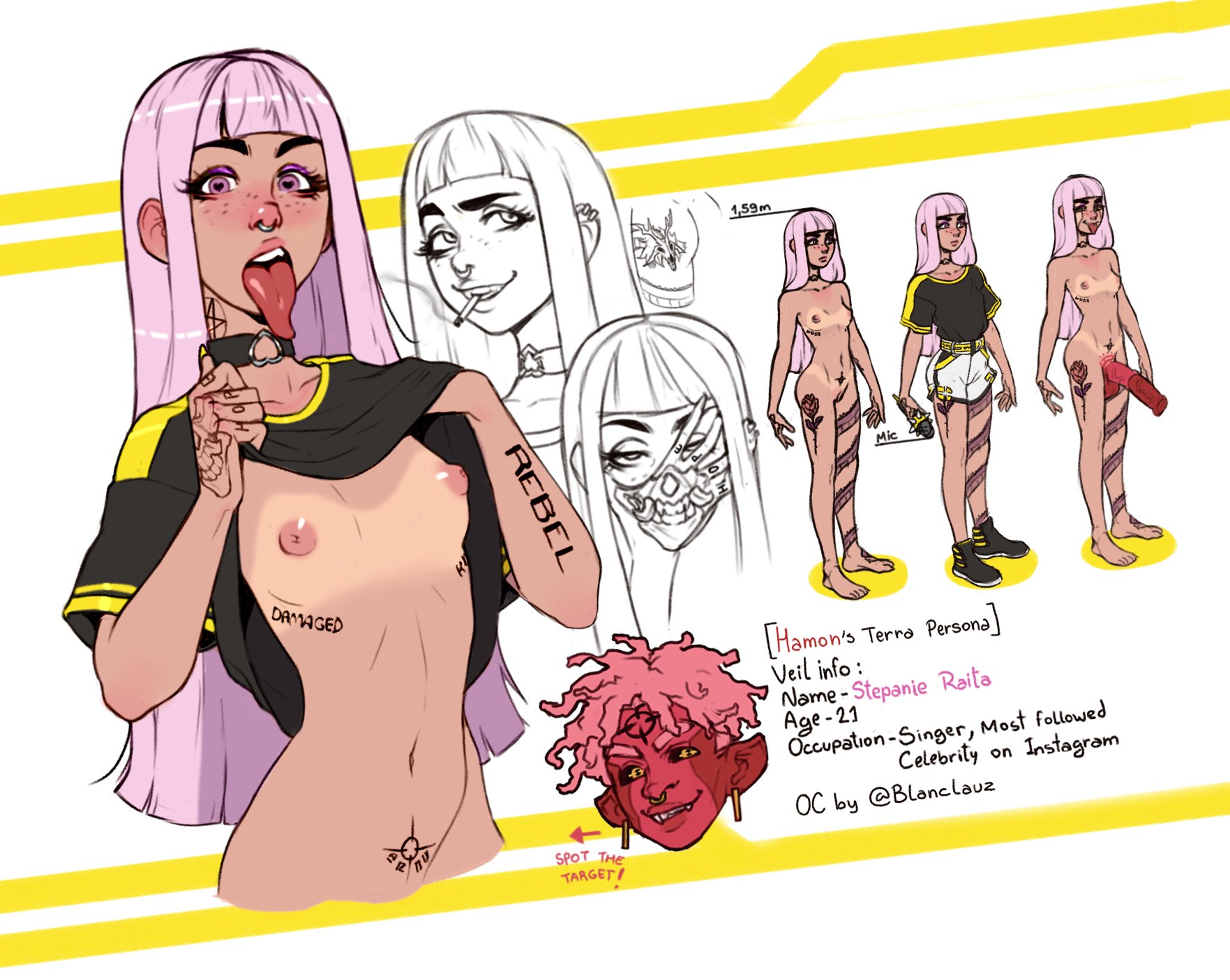 1girls, blanclauz, breasts, character sheet, choker, cigarette, egirl, english text, female, freckles, fringe, full body, futanari, hime cut, horsecock, horsecock futa, human with animal genitalia, human with horsecock, intersex, long hair, looking at viewer, nipples, nude, original, original character, oversized shirt, penis, pink eyes, pink hair, presenting breasts, purple eyes, shirt lift, sketch, slim, small breasts, stepanie raita (blanclauz), straight hair, tanline, tattoo, tattoos, tongue, tongue out