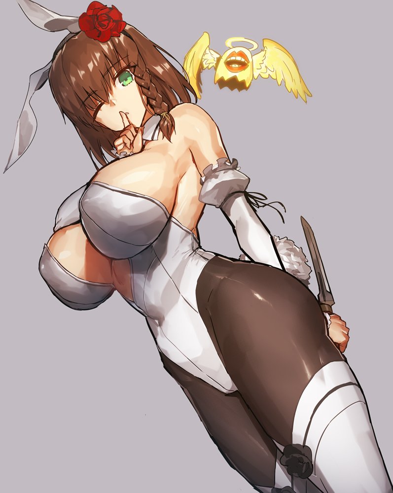 alternate costume, braided hair, breasts, brown hair, bunny ears, bunny girl, bunnysuit, charlotte corday (fate), curvy, fate (series), fate/grand order, female, finger to mouth, flower in hair, green eyes, huge breasts, knife, looking at viewer, melon22, pantyhose, thick thighs, wide hips, wink