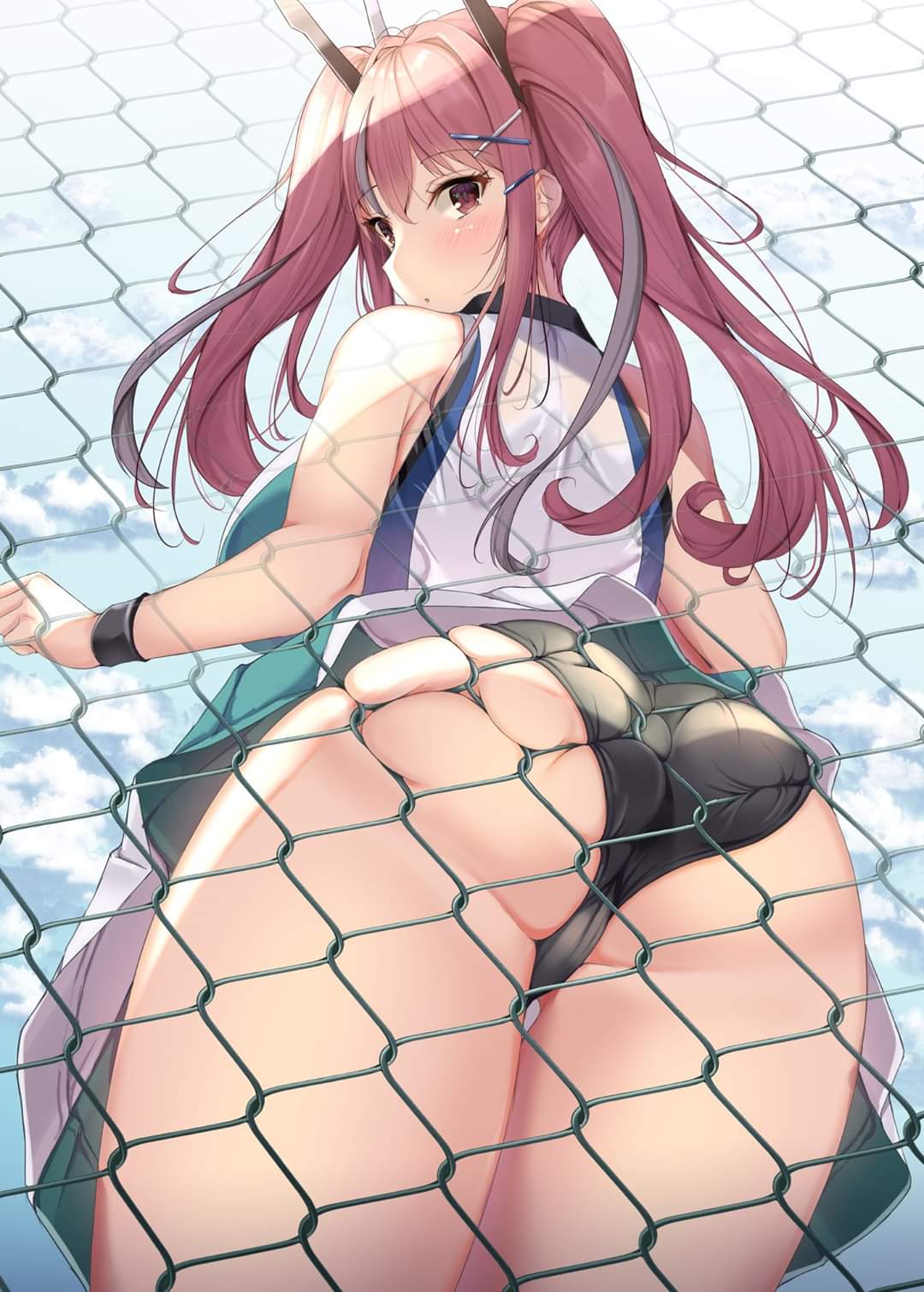 1girls, against fence, ass, azur lane, big ass, black panties, breasts, bremerton (azur lane), bremerton (scorching-hot training) (azur lane), chainlink fence, female, fringe, fukuda shuushi, looking back, petite, pink eyes, pink hair, sideboob, skindentation, solo, solo focus, twintails, viewed from below