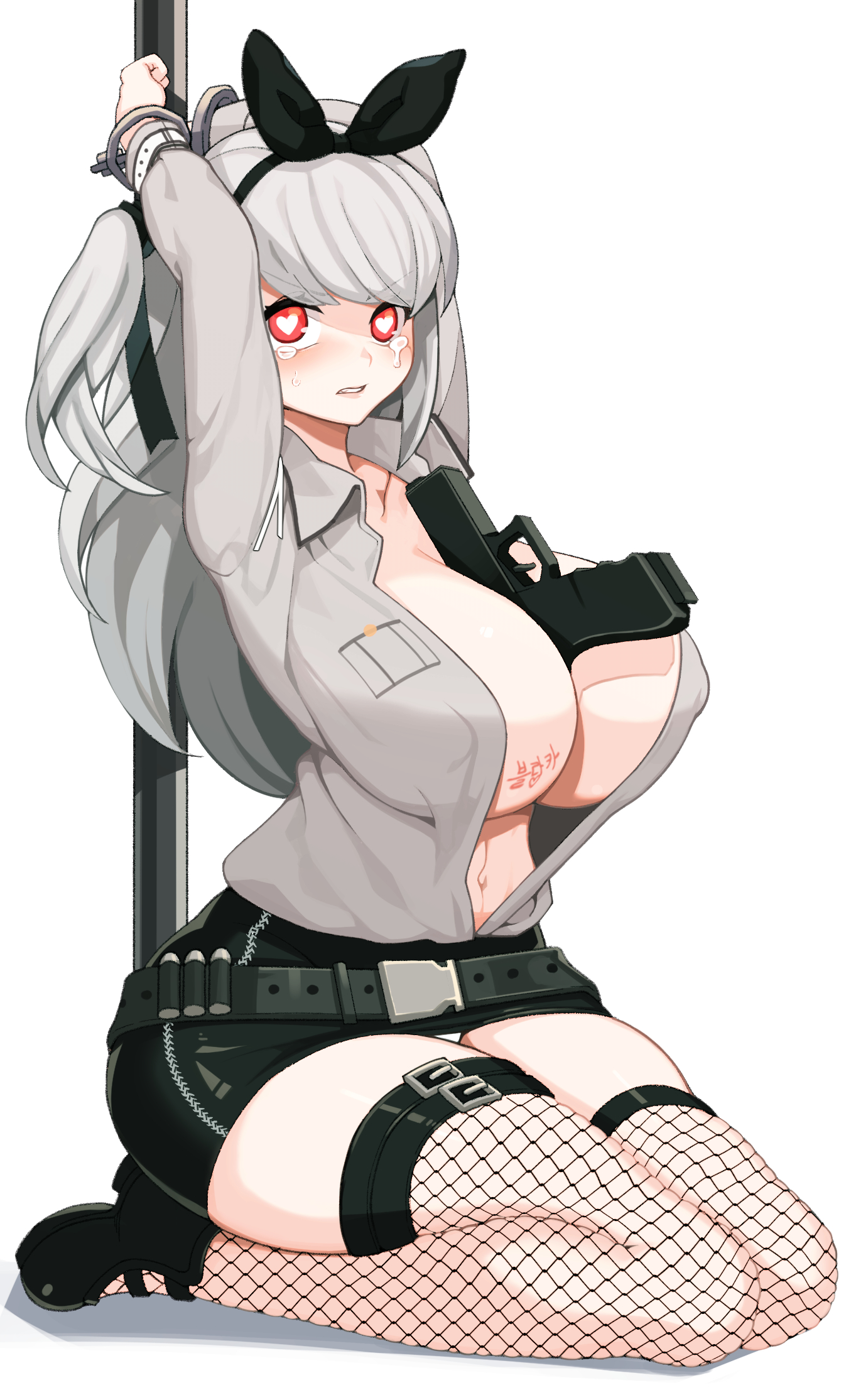 0.8, areolae, arms behind head, arms up, bangs, belt, between breasts, black belt, black bow, black hairband, black legwear, black ribbon, black skirt, blush, body writing, bound, bound wrists, bow, breast pocket, breasts, cleavage, clenched teeth, collarbone, collared shirt, covered nipples, crying, cuffs, dress shirt, eyebrows visible through hair, female, fishnet legwear, fishnets, full body, grey hair, grey shirt, gun, hair ribbon, hairband, hairbow, handcuffs, handgun, heart, heart-shaped pupils, highres, large areolae, long hair, long sleeves, looking at viewer, miniskirt, navel, no bra, open clothes, open shirt, original, pistol, pocket, red eyes, restrained, ribbon, shiny, shiny clothes, shirt, sidelocks, skirt, solo, stomach, streaming tears, swept bangs, symbol-shaped pupils, tears, teeth, thigh strap, thighhighs, twintails, weapon, wing collar