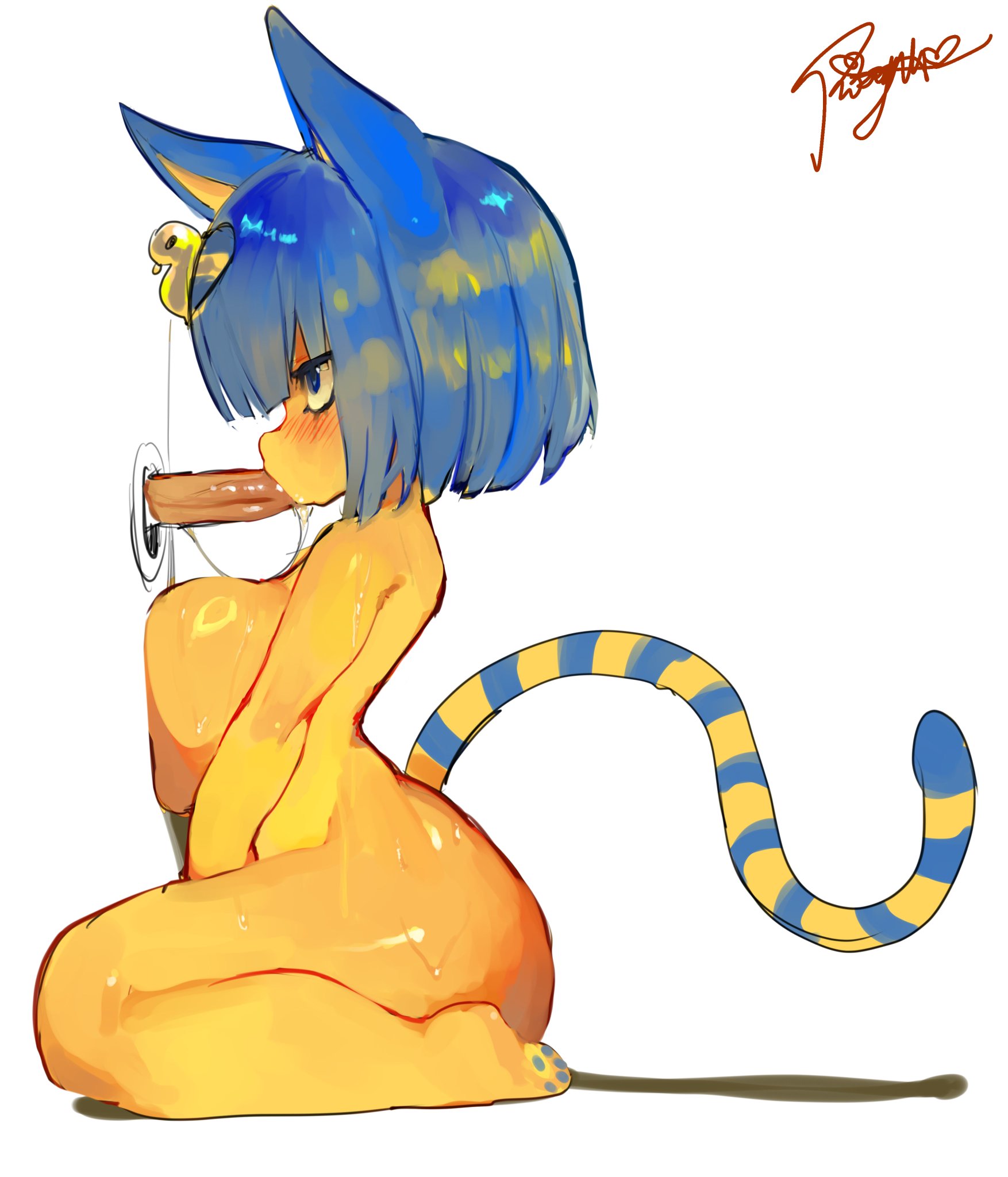 1boy, 1girls, 2025, 2d, animal crossing, ankha, ankha (animal crossing), ass, big breasts, blowjob, blue hair, breasts, breasts out, cat ears, cat tail, cock, dick, domestic cat, feline, female, glory hole, male, naked, naked female, nintendo, nude, nude female, on knees, oral, oral sex, penis, penis in mouth, pissgata, plain background, sweat, sweaty, tail, thick ass, twitter link, unseen male, white background, yellow body