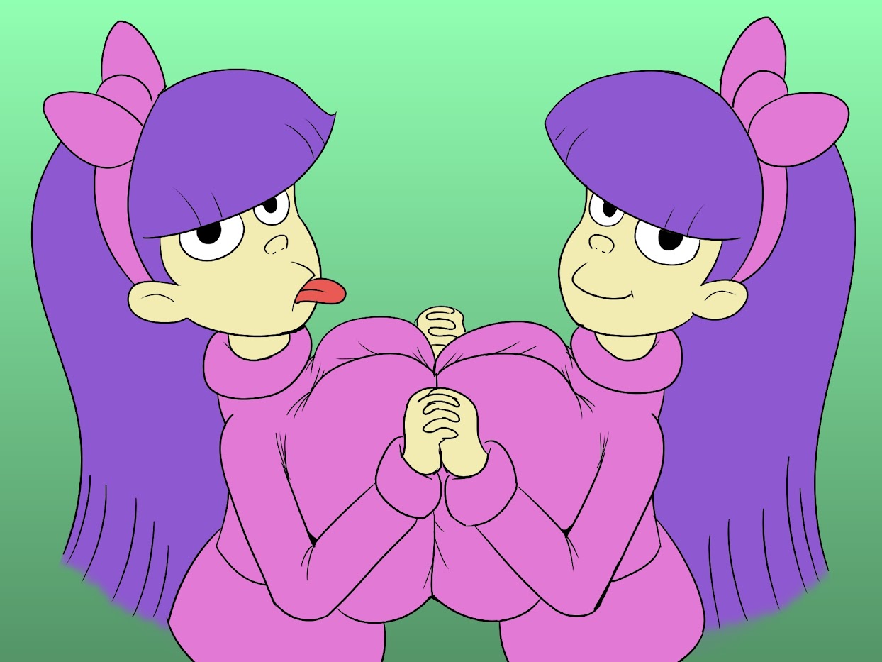 2girls, aged up, alternate breast size, breasts, breasts bigger than head, breasts visible through clothing, clothed, female, godalmite, sherri mackleberry, small but busty, terri mackleberry, the simpsons, tongue out, twins
