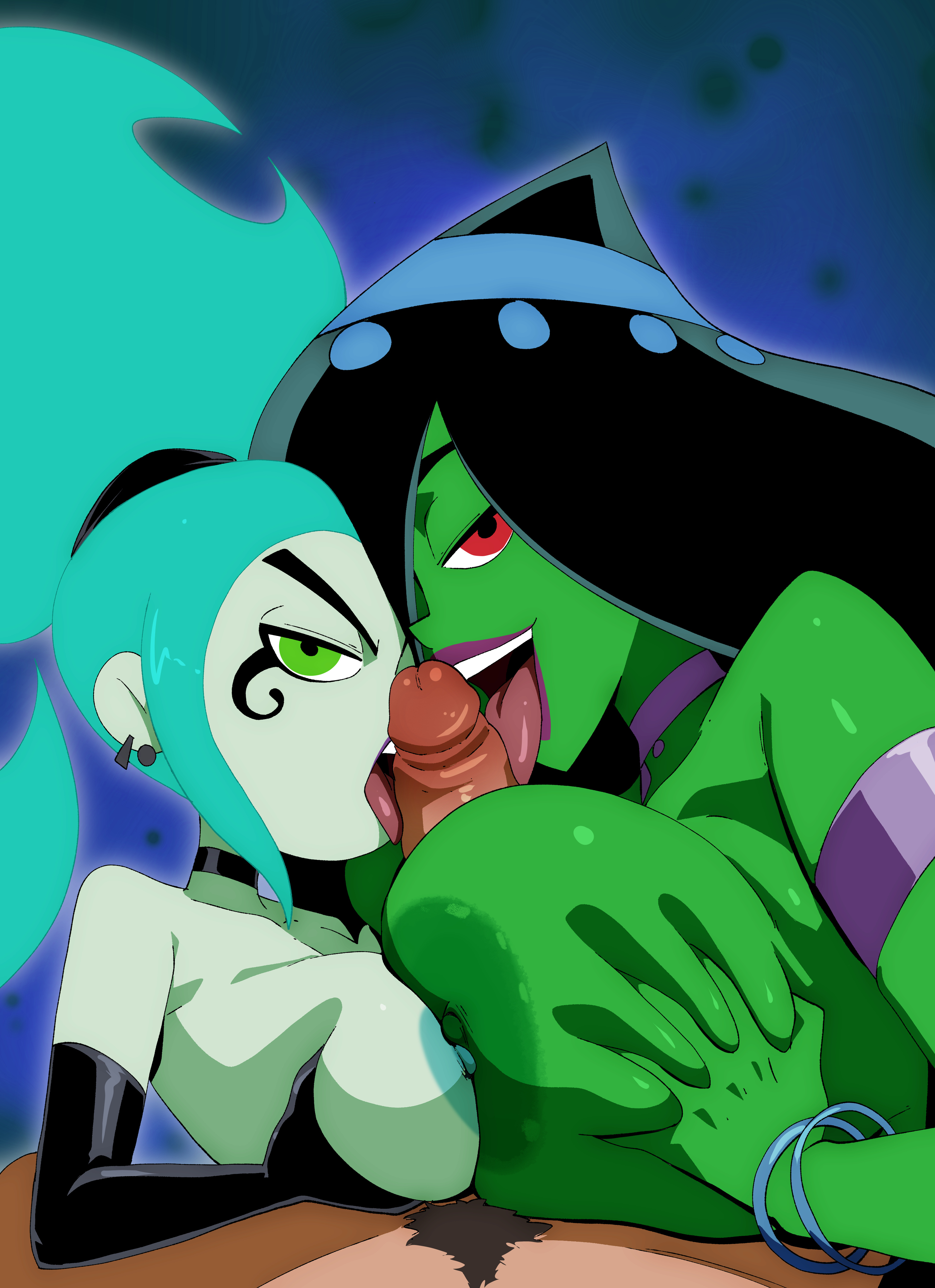 1boy, 2girls, aqua hair, arabian, arabian female, armband, asymmetrical docking, bangle, between breasts, big breasts, big penis, black gloves, black hair, black-haired female, blue hair, bracelet, breast press, breasts, breasts squeezed together, choker, colored nipples, colored skin, coolerinker, cooperative fellatio, cooperative paizuri, danny phantom, dark areolae, deep skin, desiree, double fellatio, double paizuri, earrings, elbow gloves, ember mclain, engulfing paizuri, eyeshadow, facial mark, fellatio, female, ffm threesome, fiery hair, genie, genie girl, ghost, ghost girl, gloves, goth, goth girl, grabbing own breast, green areola, green eyes, green hair, green nipples, green skin, group sex, hair over one eye, huge breasts, inker comics, inkershike, jewelry, large breasts, licking, licking penis, lipstick, long hair, long-haired female, looking at viewer, makeup, male, male pov, male pubic hair, monster girl, multiple females, multiple girls, nipples, nude, open mouth, oral, paizufella, paizuri, penis, piercing, ponytail, pubic hair, purple eyeshadow, purple lips, red eyes, rocker, rocker chick, saliva, shimaidon (sex), straight, symmetrical docking, teamwork, threesome, tongue, tongue out