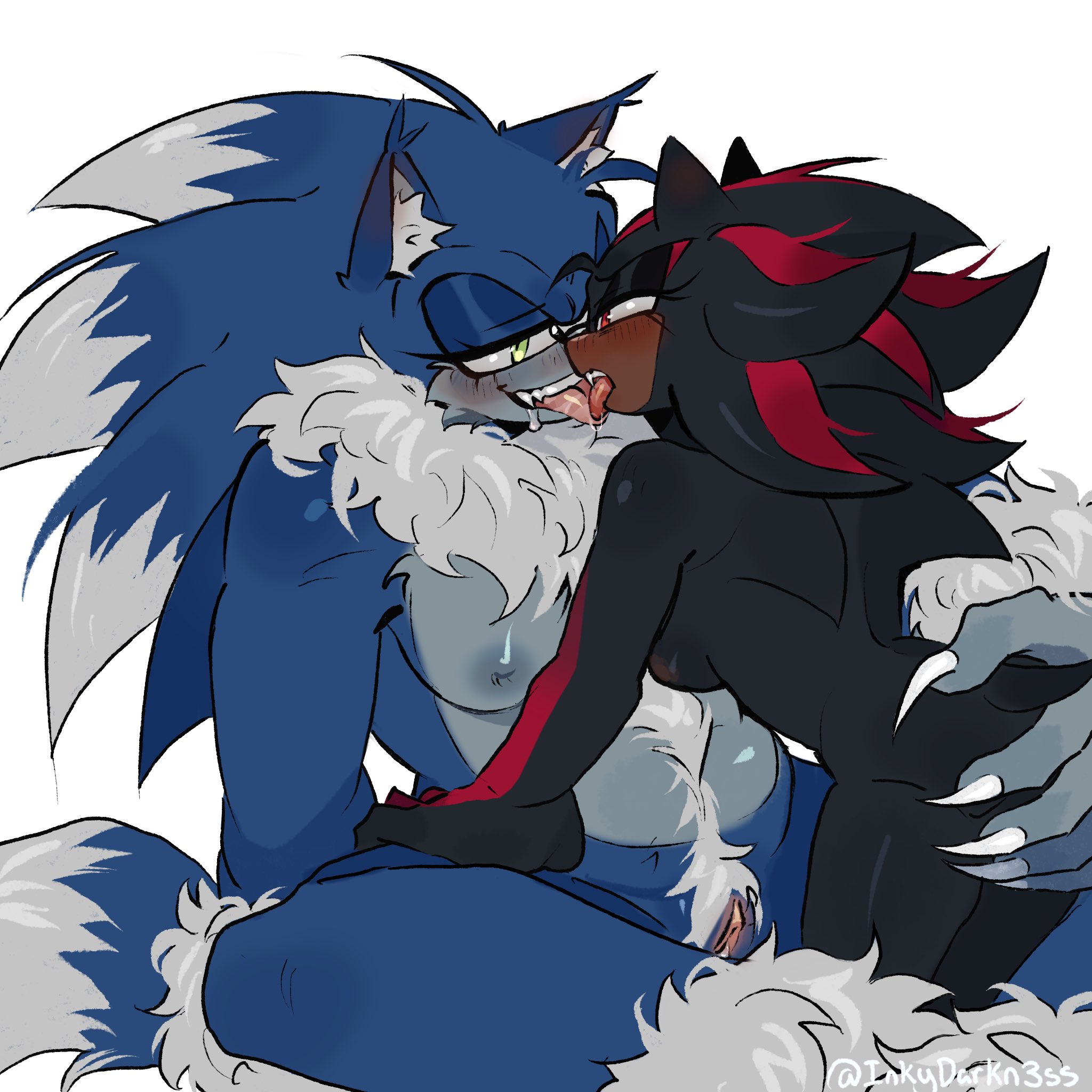 arched back, areolae, black fur, blue fur, blush, claws, dark-skinned female, drool, fangs, female, furry, grabbing ass, green eyes, happy trail, inkydarkn3ss, larger female, monster girl, red eyes, rule 63, scars, shade the hedgehog, shadow the hedgehog, size difference, sonic (series), sonic the hedgehog, sonic the hedgehog (series), sonic the werehog, sonic unleashed, sonique the hedgehog, sonique the werehog, striped body, tagme, tongue, tongue kiss, tongue out, werehog, yuri