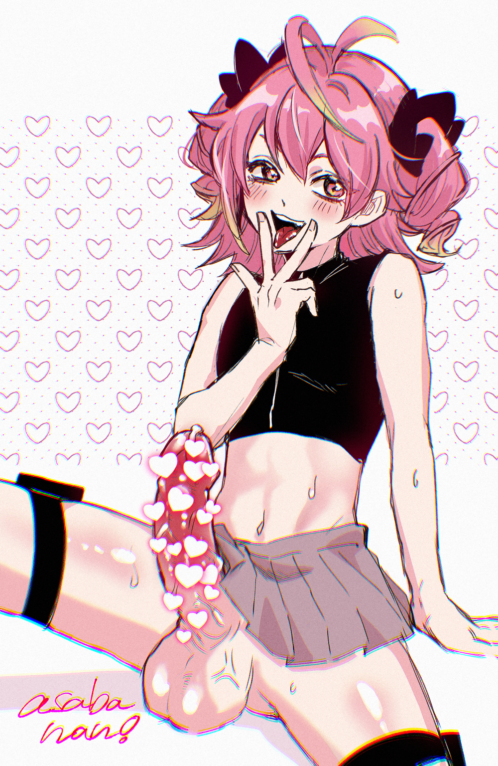 1boy, asnanyade, balls, big balls, big penis, brat, erection, erection under skirt, femboy, hung femboy, hung trap, leg strap, looking at viewer, male, navel, original character, otoko no ko, penis, pink hair, precum, precum drip, sitting, slender body, solo, strong erection, sweat, sweaty body, trap, v sign, veiny penis