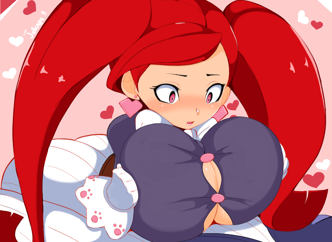 1boy, 1girls, aiba manami, big breasts, breasts, clothed, clothed paizuri, female, huge breasts, jellcaps, la brava (my hero academia), long hair, male, my hero academia, paizuri, partial male, red hair, shortstack, straight, twintails