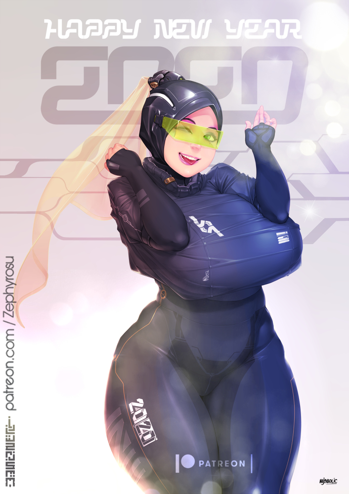 1girls, big breasts, bodysuit, breasts, cyberpunk, female, female only, green eyes, hijab, hijabolic, huge breasts, looking at viewer, open mouth, smile, solo, solo female, thighhighs, wide hips, zephyrosu