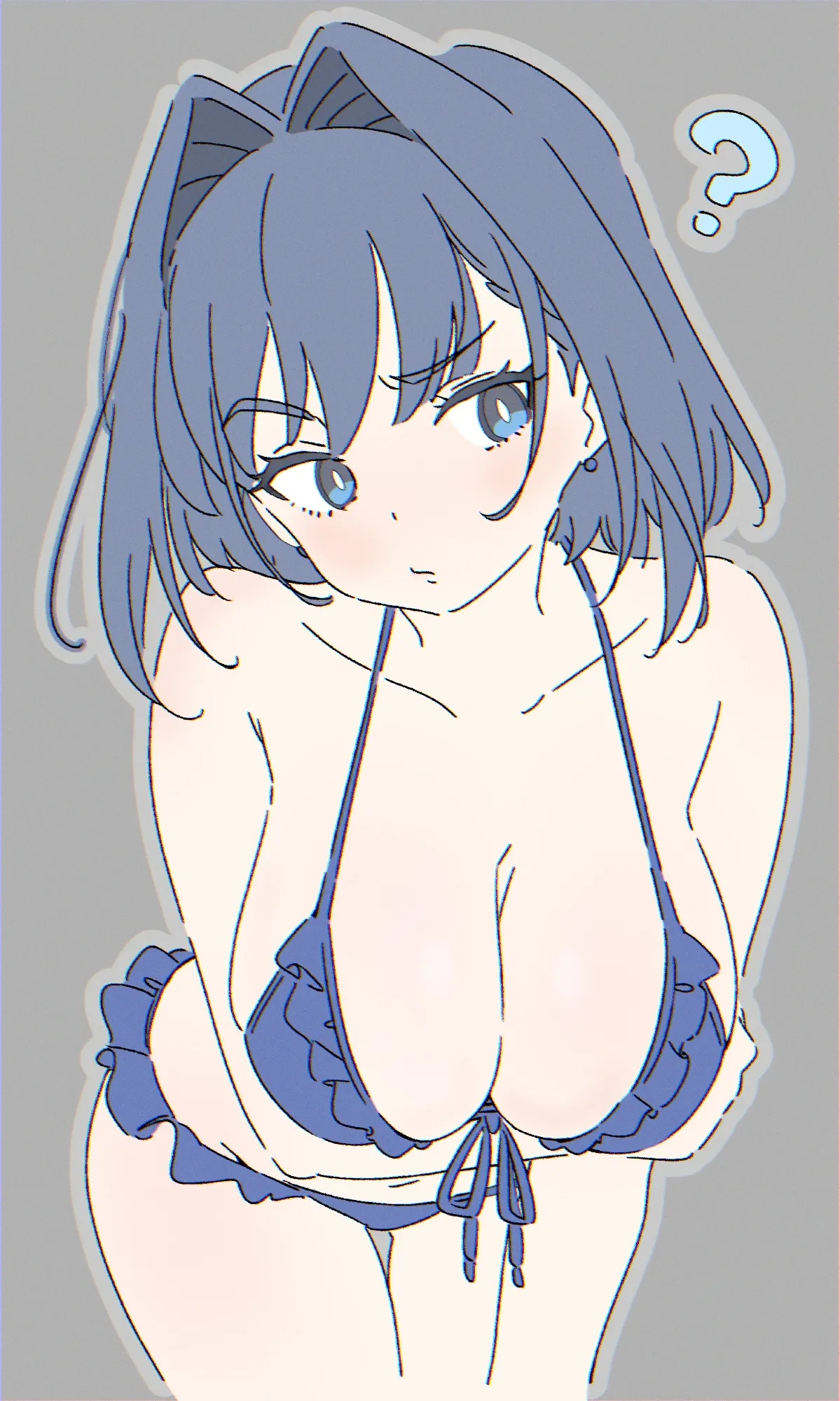 ?, 1girls, 2d, 2d (artwork), 2d artwork, adult, adult female, arm under breast, arm under breasts, ass visible from the front, ass visible through thighs, background, bare arms, bare chest, bare hands, bare hips, bare legs, bare shoulders, bare skin, bare thighs, bent forward, bent over, big boobs, big breasts, bikini, bikini bottom, bikini only, bikini top, black eyebrows, black hair, black-haired female, blue bikini, blue bikini bottom, blue bikini top, blue eyes, blue swimsuit, blue swimwear, blue-eyed female, breasts, brown background, busty, busty female, busty girl, cleavage, collarbone, color, colored, cowboy shot, dark hair, digital, digital art, digital drawing, digital drawing (artwork), digital media, digital media (artwork), drawing, ear piercing, ear piercings, earrings, exposed, exposed arms, exposed chest, exposed hips, exposed legs, exposed shoulders, exposed skin, exposed thighs, eye-level view, eyebrows, eyebrows visible through hair, eyes, facing viewer, feet out of frame, female, female focus, female only, foot out of frame, frilled bikini, frilled bikini bottom, frilled bikini top, frilled swimsuit, frilled swimwear, from front, front view, front-tie bikini, front-tie bikini top, frown, frown eyebrows, frowning, frowning at viewer, hair, hair intakes, half naked, half nude, halterneck, hand on arm, hand on own arm, hand out of frame, hands out of frame, head tilt, hololive, hololive english, knees out of frame, large boobs, large breasts, lean figure, leaning, leaning forward, leg out of frame, legs closed, legs out of frame, legs together, looking at viewer, lower body out of frame, mature, mature female, mature woman, medium hair, monotone background, naked, naked female, naked woman, narrow waist, nude, nude female, nudity, one color background, ouro kronii, partially naked, partially naked female, partially nude, partially nude female, partially undressed, pierced ear, pierced ears, plain background, portrait, scowl, semi nude, short hair, shoulders, slender body, slender waist, slim female, slim waist, solid color background, solo, spynai, standing, string bikini, swimsuit, swimwear, thigh gap, thighs, thighs out of frame, thighs together, tilted head, top view, touching arm, upper body, virtual youtuber, vtuber, vtuberfanart, white pupils, woman, youtuber, youtuber girl