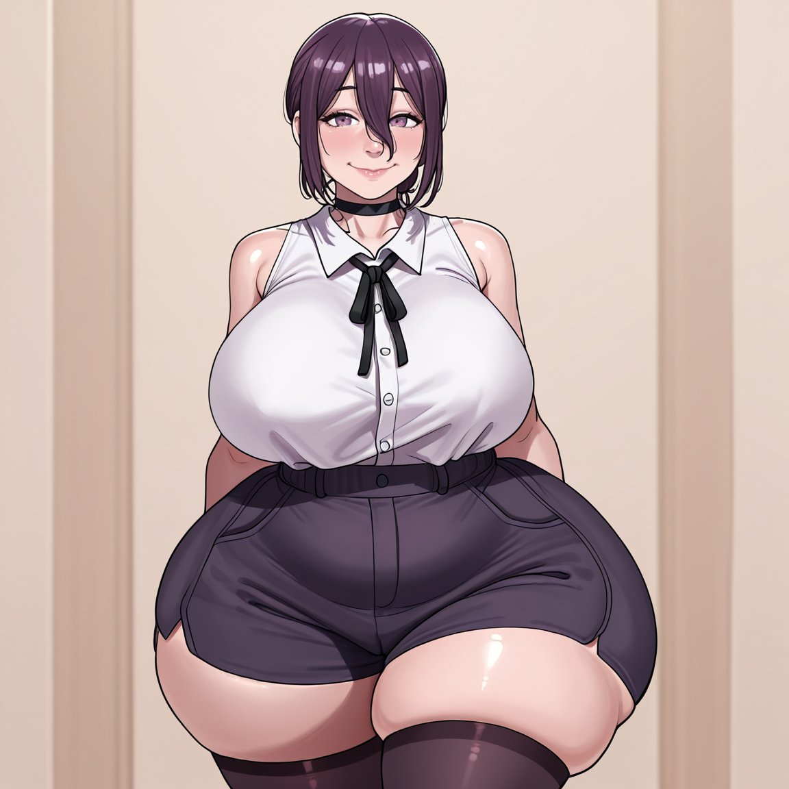 ai, ai generated, big ass, big breasts, breasts, chainsaw man, clothed, clothed female, clothing, curvy, female, female only, hips, huge ass, huge breasts, human, human female, indoors, kalagod, light skin, light-skinned female, looking at viewer, purple eyes, purple hair, reze (chainsaw man), solo, solo female, stable diffusion, thick thighs, thighs, wide hips