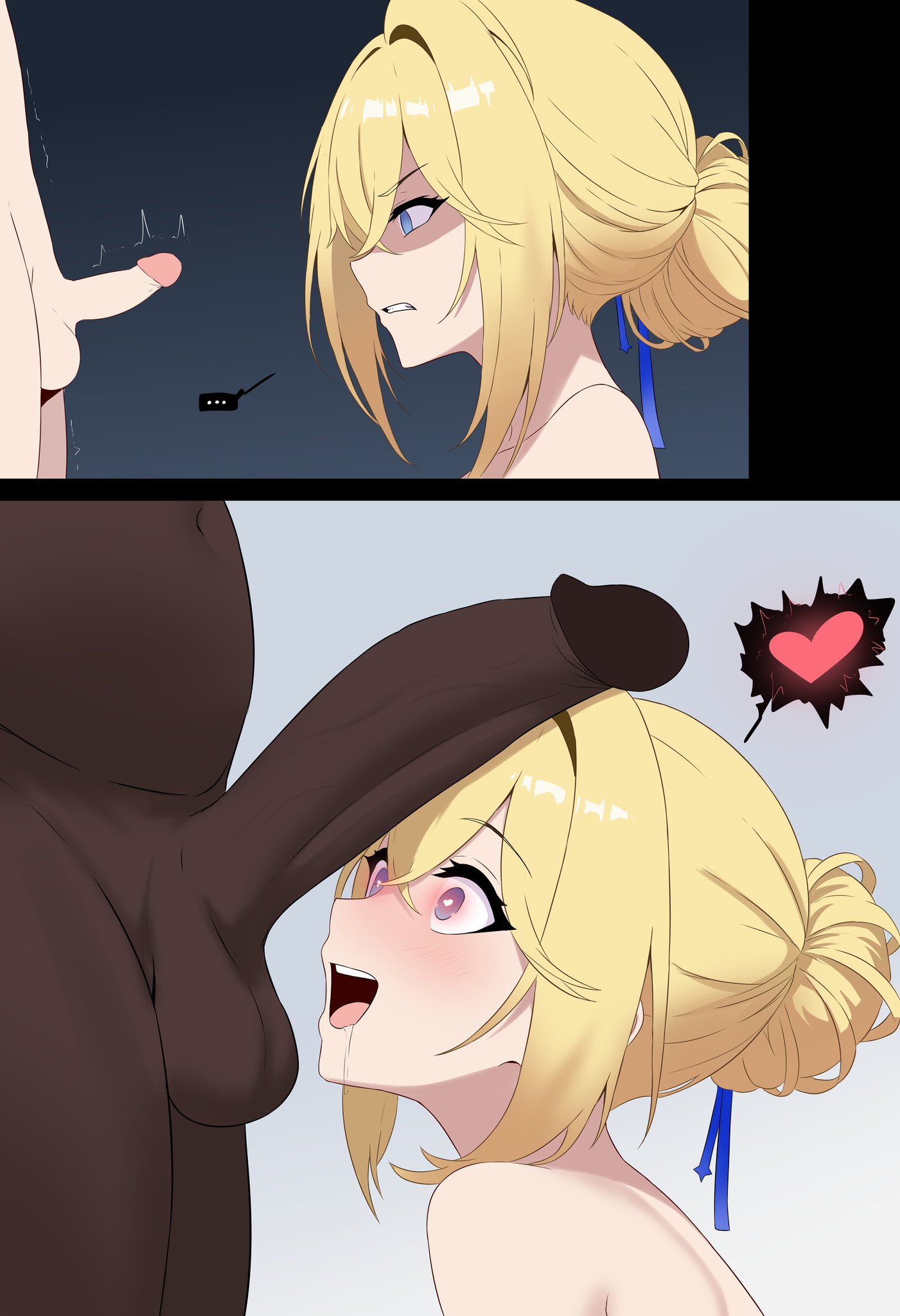 1girls, 2boys, 2koma, azur lane, big penis, big penis adoration, blonde hair, blue eyes, cock hungry, comparing penis, dark-skinned male, disgusted, drooling, erect penis, erection, female, heart symbol, heart-shaped pupils, interracial, iris libre (azur lane), jeanne d'arc (azur lane), light-skinned female, light-skinned male, lord dante, male, ntr, open mouth, penis, penis awe, penis size difference, size queen, small penis, small penis humiliation, spoken heart, symbol-shaped pupils, tagme, uncensored