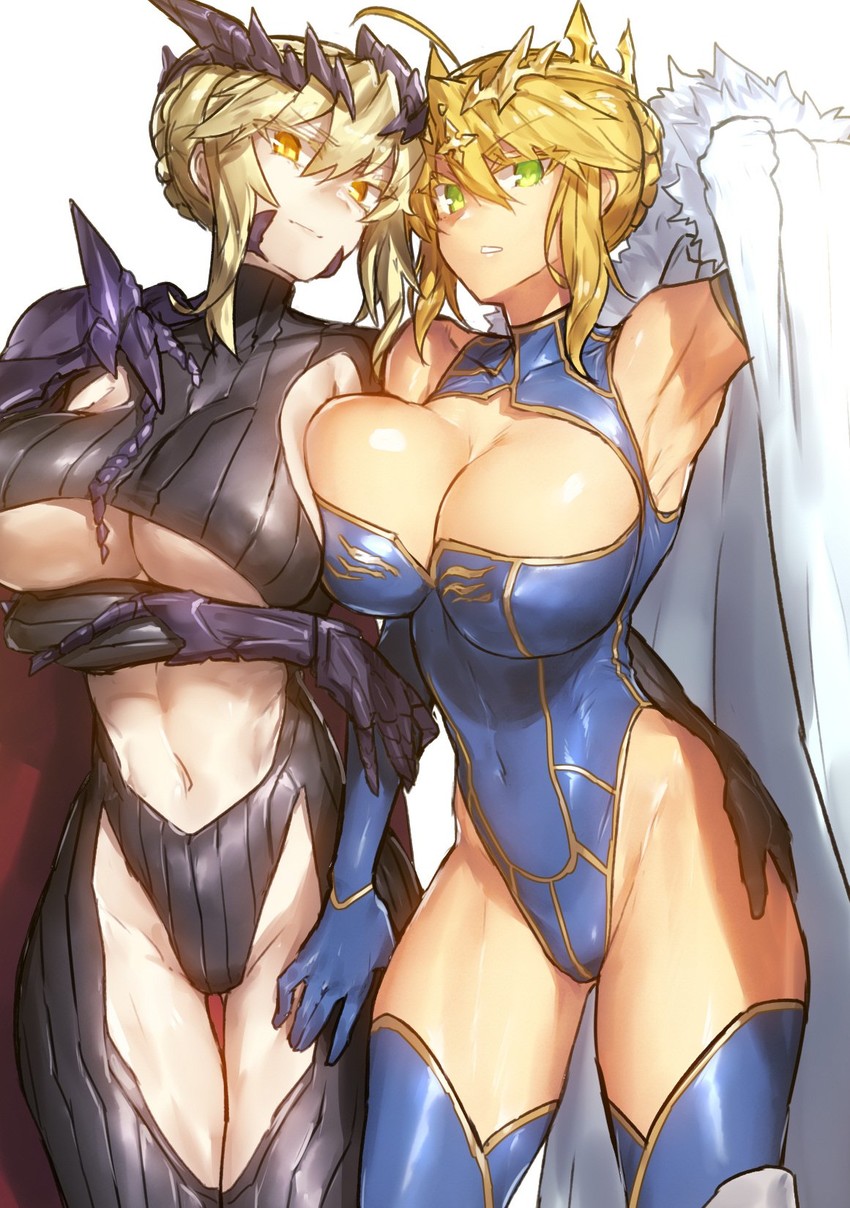 2girls, armpits, artoria pendragon, artoria pendragon (lancer alter), artoria pendragon (lancer), blonde hair, breasts, cloak, fate (series), fate/grand order, female, green eyes, hair bun, hair ornament, hand on thigh, huge breasts, leotard, light skin, light-skinned female, looking at viewer, melon22, midriff, multiple females, multiple girls, muscular, muscular thighs, pale skin, pale-skinned female, thighhighs, thighs, yellow eyes