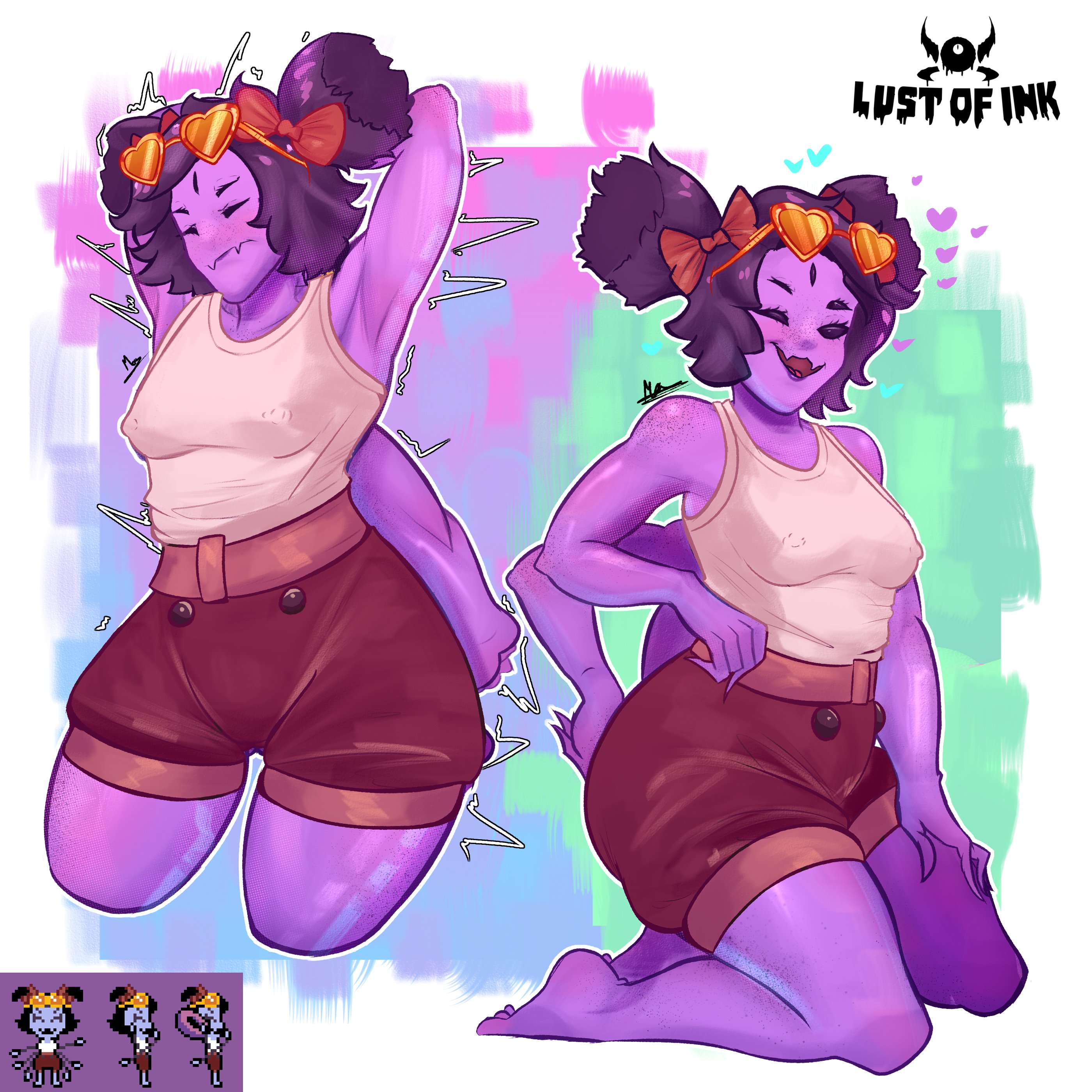 5 eyes, casual, clothed, eyewear on head, fangs, female, heart, lust of ink, monster girl, muffet, shorts, smile, sunglasses, thick thighs, undertale, undertale (series)