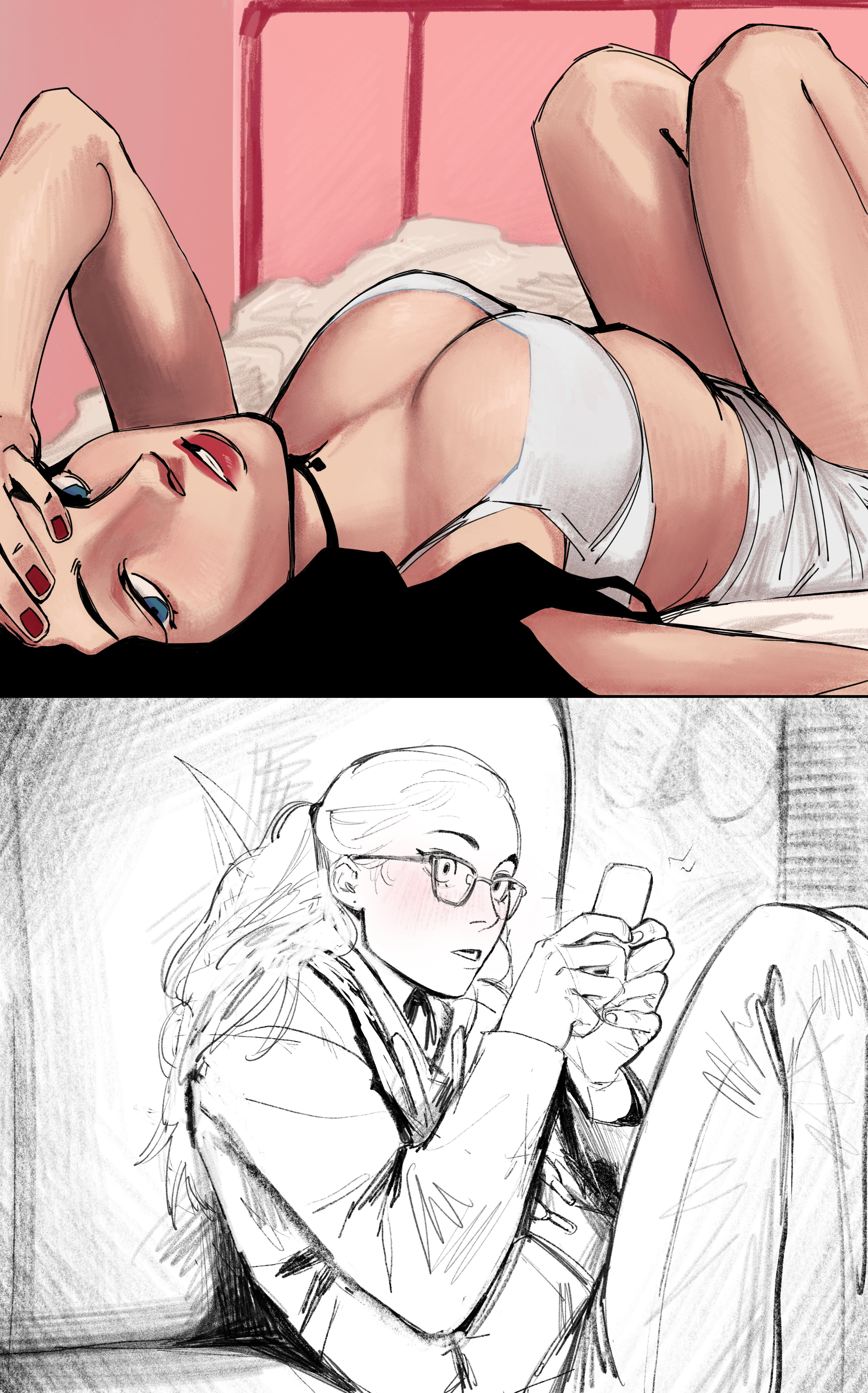 2girls, anita lesnicki, black hair, blue eyes, blush, breasts, camisole, cleavage, female, female only, female pov, female/female, glasses, holding phone, jennifer check, jennifer's body, large breasts, lipstick, long hair, looking at another, looking at phone, lying, lying on back, nail polish, phone, ponytail, pov, red lipstick, red nails, scubaby, selfie, shorts, spot color, stitched, white camisole, yuri