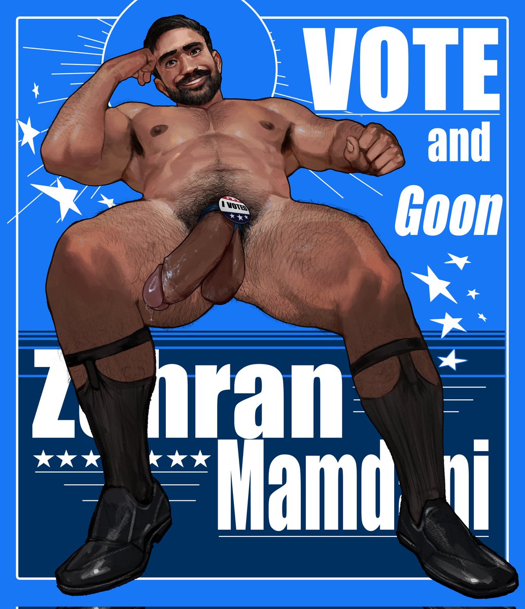 1boy, 1male, balls, bara, bara tiddies, bara tits, big arms, big penis, breasts, erection, gay, gay male, hairy, hairy male, head on hand, looking at viewer, male, male only, mostly nude, penis, politics, precum, pubic hair, real life, real person, semi-erect, shoes, sock garters, thick thighs, vote, voting, yaoi, zenpei, zenpei4, zohran mamdani