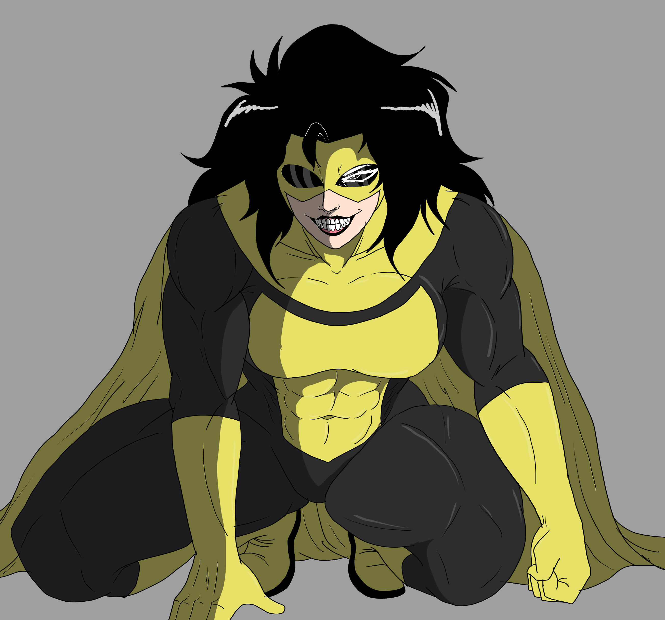abs, black hair, black lipstick, breasts, clothed, clothing, fangs, female, female only, femvincible, genderswap (mtf), goggles, hair, heart, invincible, invincible (comics), invincible (tv series), mark grayson, mask, masked female, muscular, muscular female, open smile, rule 63, sinister mark (invincible), smile, solo, teeth, theicevirus, thick thighs