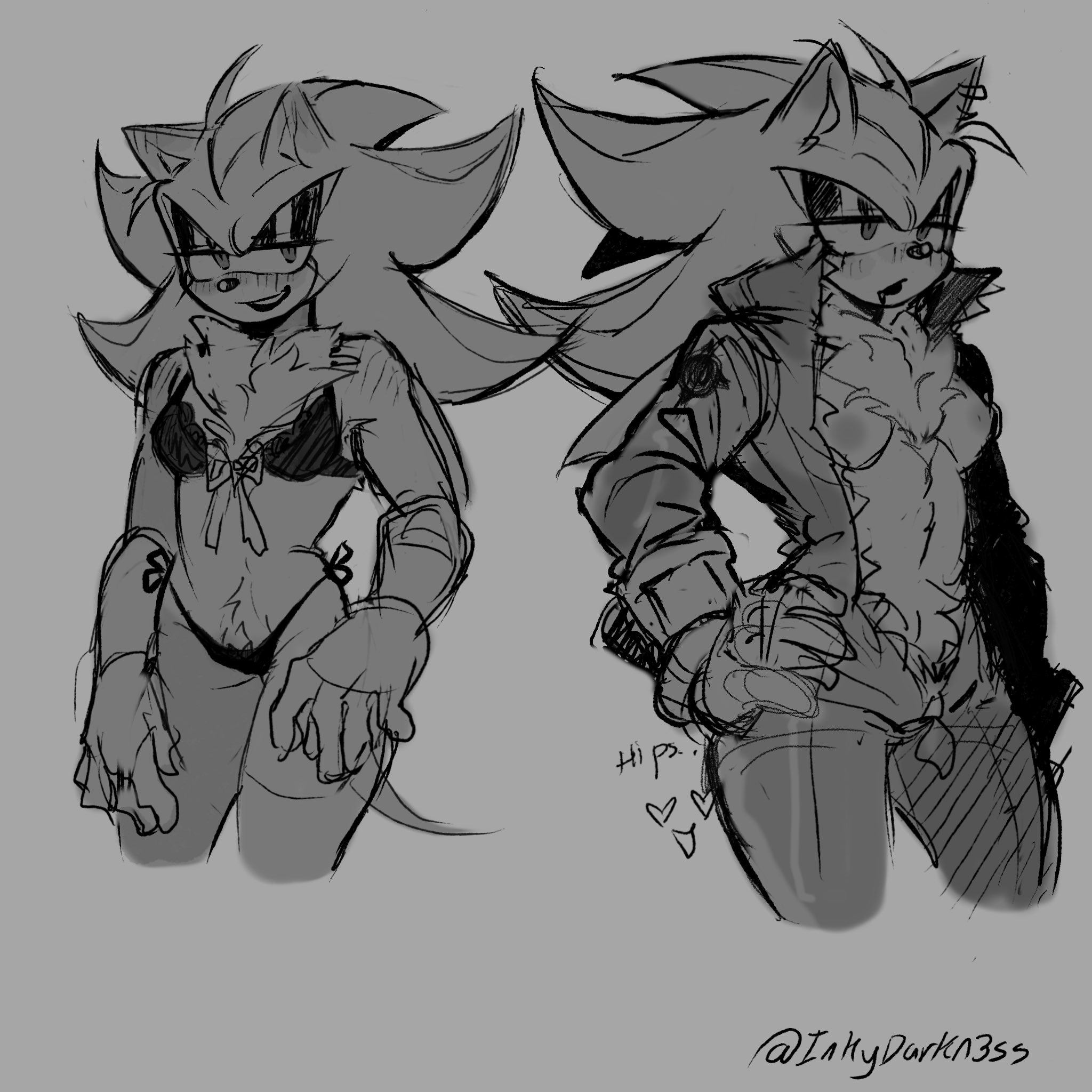 1girls, artist signature, barbie doll anatomy, chest tuft, ear blush, ear piercing, genderswap (mtf), hand on hip, inkydarkn3ss, multiple outfits, multiple views, no nipples, open shirt, rule 63, sega, shade the hedgehog, shadow the hedgehog, shoulder blush, sketch, solo, sonic (series), sonic the hedgehog (series)
