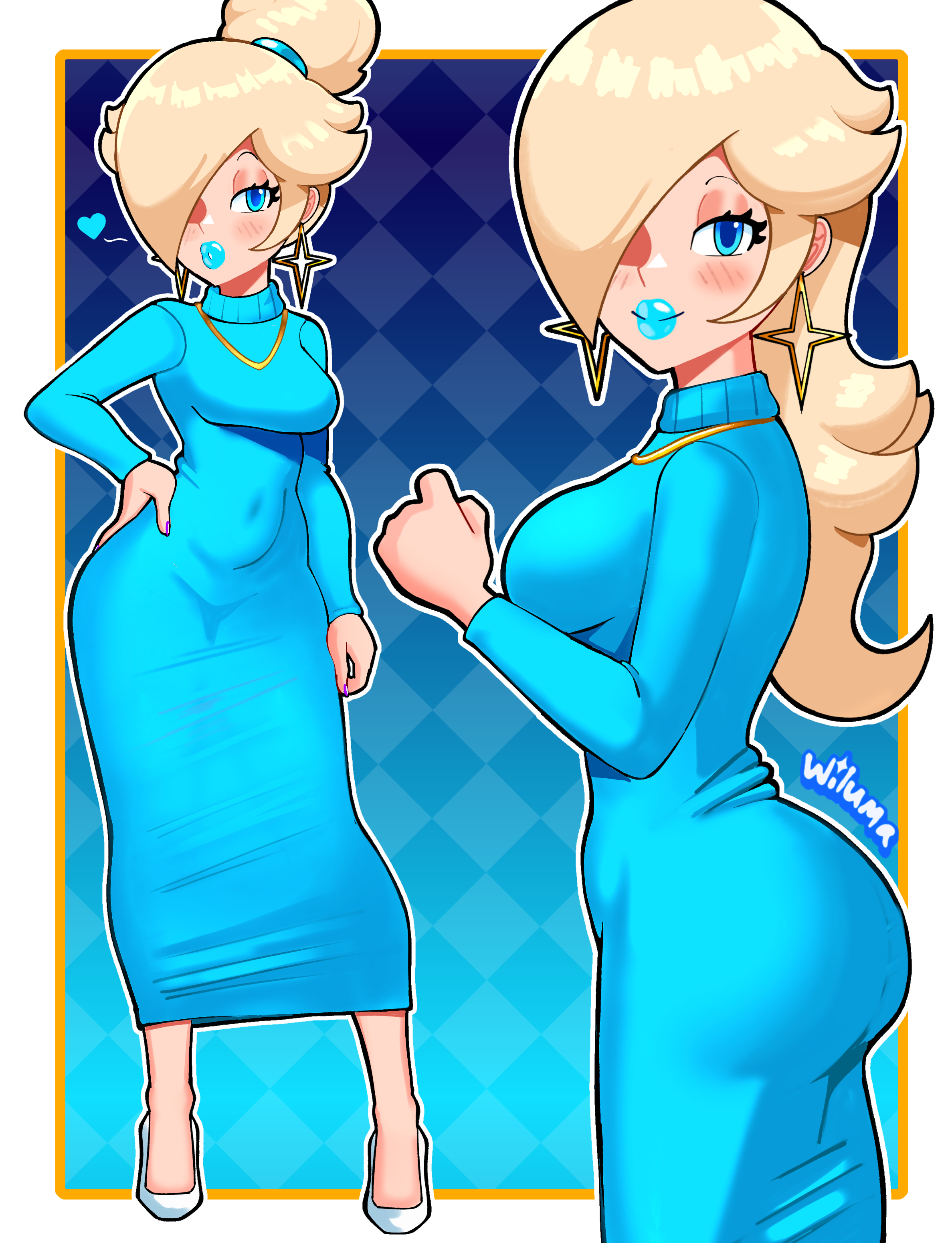 1girls, alternate version available, ass, ass in dress, big ass, big breasts, big lips, bimbo, bimbo lips, blonde hair, blue dress, blue eyes, blue lips, blue lipstick, blush, breasts, close-up, clothing, dress, ear piercing, earrings, female, female only, footwear, full body, hair, hair over one eye, half-closed eyes, hand on hip, heart, heels, high heels, hips, legs, lipstick, long dress, long hair, mario (series), multiple views, nail polish, nails, nintendo, parted lips, plump lips, ponytail, princess rosalina, purple nail polish, purple nails, side view, sideboob, smile, solo, solo female, star earrings, sweater dress, thick lips, tied hair, wide hips, wiluma