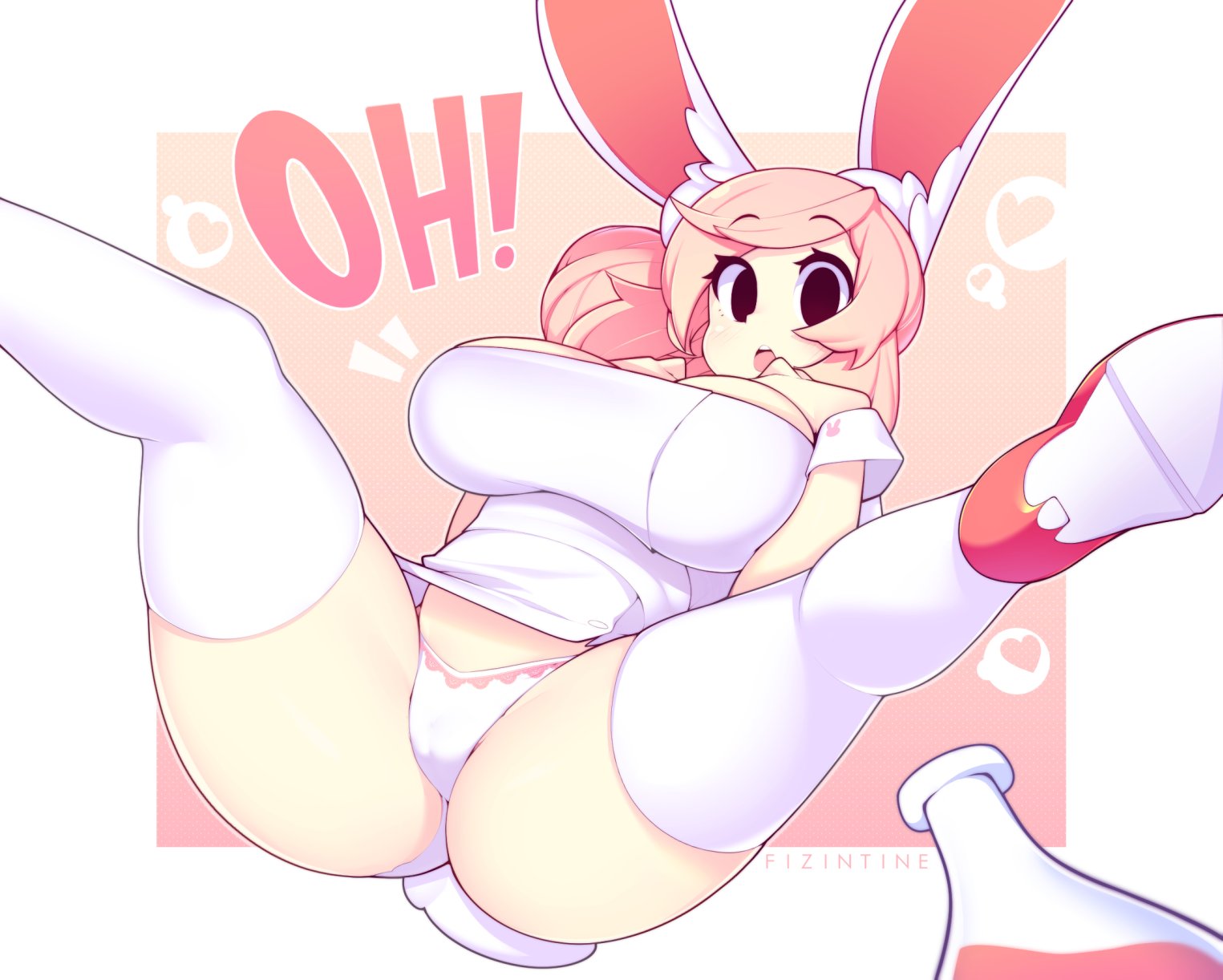 1girls, breasts, bunny ears, clothed, clothing, cute, eyebrows visible through hair, female, female only, fiz, fizintine, heels, large breasts, legwear, original, panties, pink hair, shirt, solo, text, thighhighs, white legwear, white panties