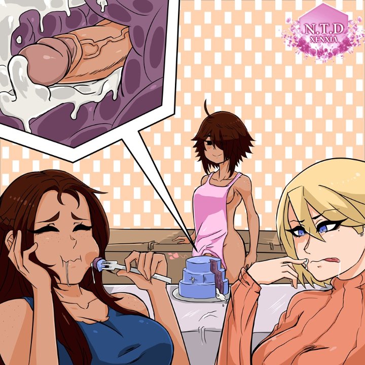 1futa, 2girls, apron, apron only, atelier sol aer, breasts, cake, cake slice, clothed, clothing, cum, cum in food, cum inside, eating, eating food, female, food, food fetish, food in mouth, food penetration, food play, fork, fully clothed, futanari, humanoid, intersex, masturbation, mostly nude, penis, xenxia