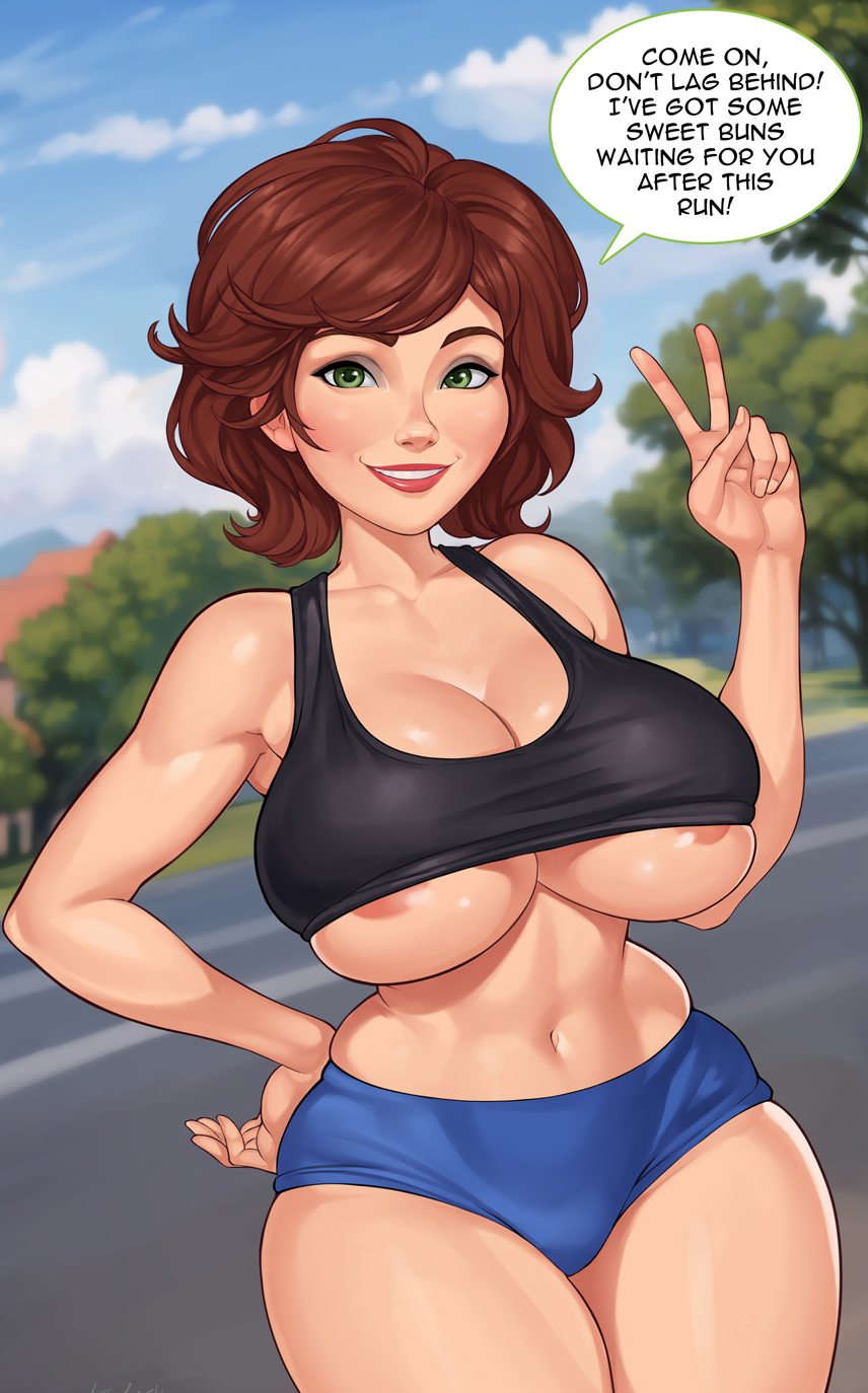 ange1witch, aunt cass, belly, big hero 6, breasts, brown hair, cass hamada, cleavage, disney, female, female only, green eyes, huge breasts, looking at viewer, marvel, marvel comics, milf, nipple slip, short shorts, speech bubble, sports bra, thick thighs, underboob, voluptuous