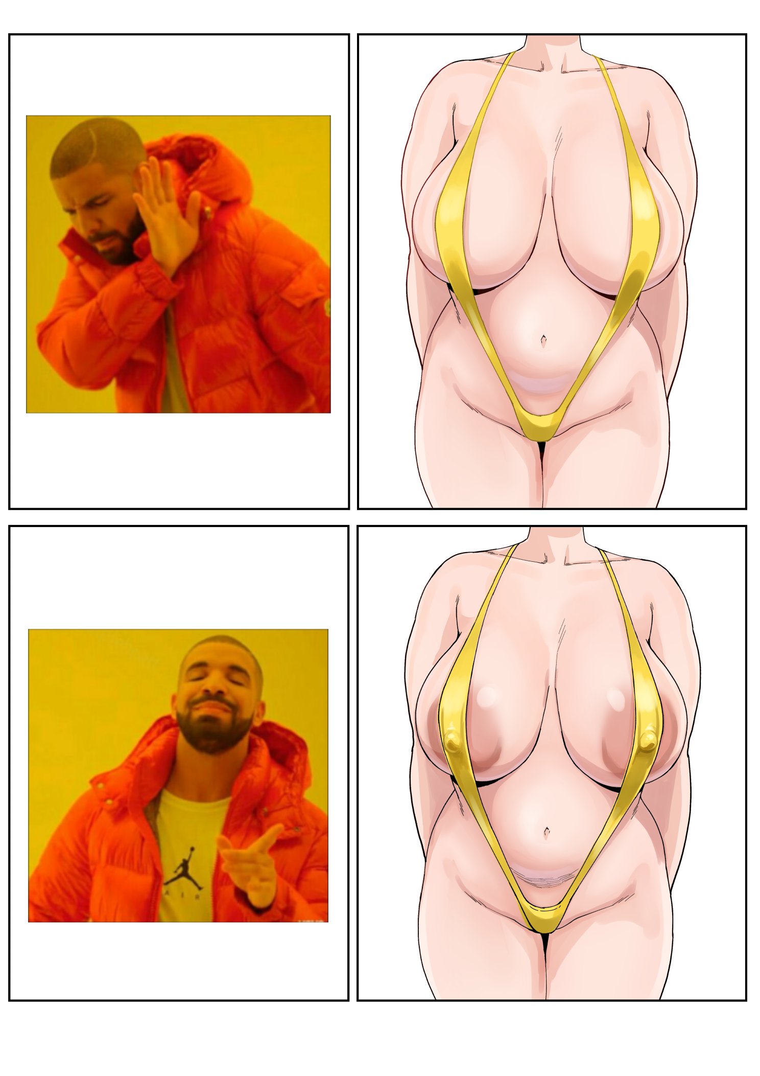 1girls, areolae, areolae slip, arms behind back, big breasts, breasts, comparison, covered nipples, curvy, curvy female, curvy figure, drake meme, drakeposting, female, head out of frame, huge areolae, large areolae, large breasts, meme, morisoba (silent hill), navel, sagging breasts, slingshot swimsuit, yellow swimsuit