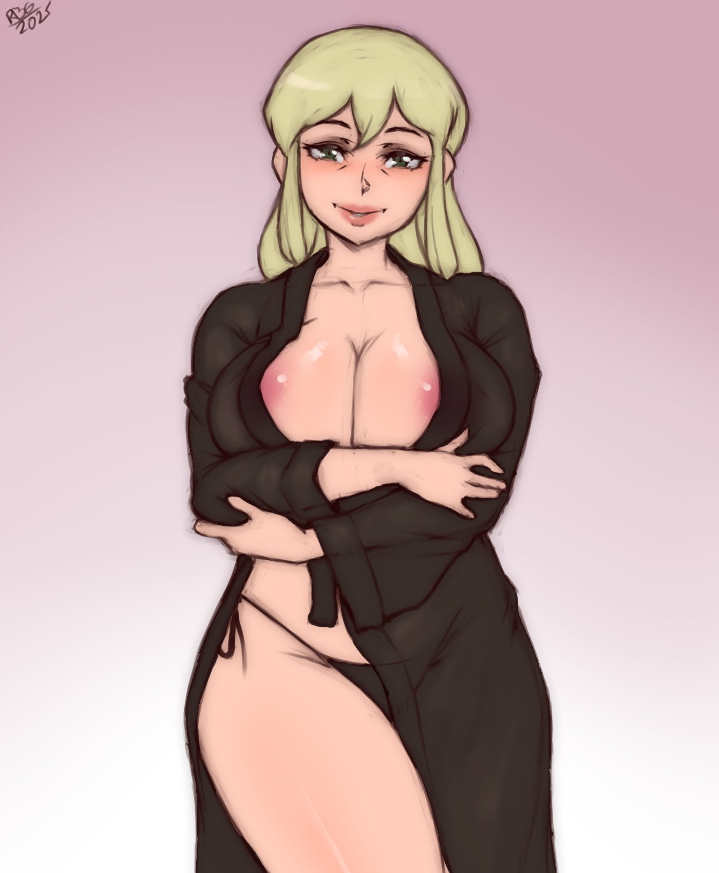 1girls, areolae, blonde hair, brown eyes, clara lindstrom, cleavage, female, female only, gardnerverse, light skin, light-skinned female, randomboobguy, robe, solo, thighs