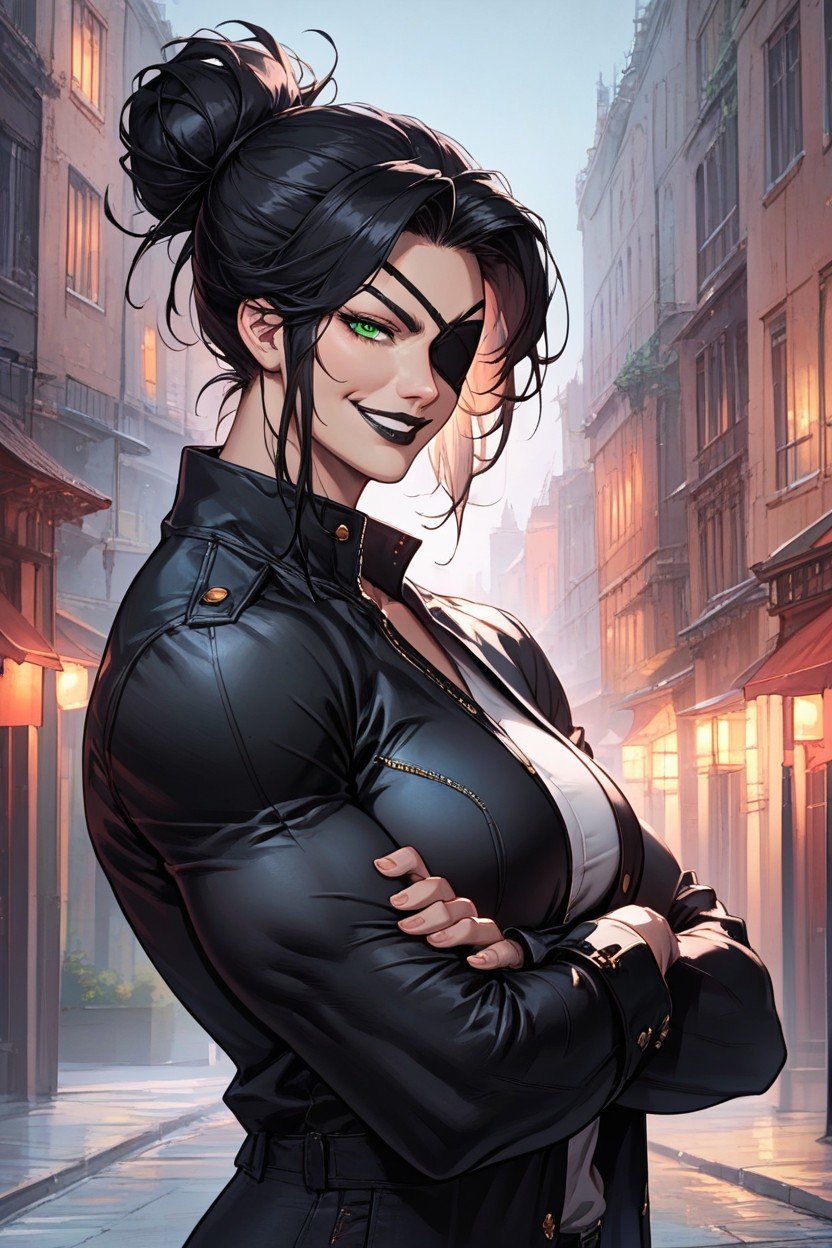 ai, ai art, ai generated, big breasts, black hair, black lipstick, breasts, bun hair, crossed arms, eye patch, female, green eyes, isobel barbaro, italian female, jacket, muscular, muscular female, original, original character, sevalgold, smile, solo, street