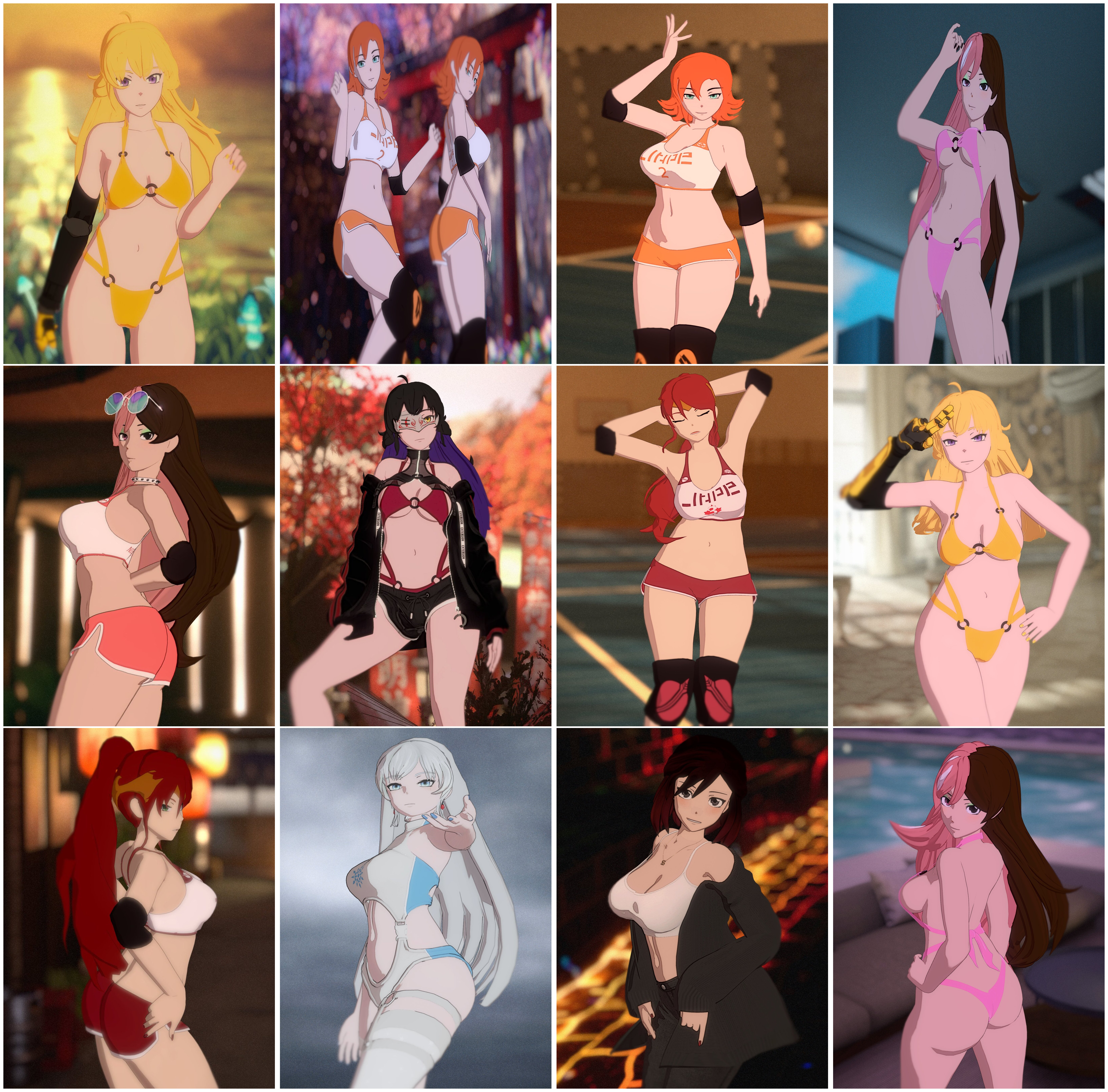 2025, 3d, 3d (artwork), 6+girls, alternate costume, armpits, arms behind head, ass, big ass, big breasts, black hair, blonde hair, breasts, busty, cleavage, female, female only, hand on hip, large breasts, legs, looking at viewer, midriff, multicolored hair, multiple females, multiple girls, navel, neo (rwby), nora valkyrie, orange hair, panels, pants, pyrrha nikos, questionable, red hair, rwby, seductive, seductive look, seductive smile, sexy, sexy armpits, sexy pose, smile, softserveneo, summer rose, tank top, thighs, toned, weiss schnee, white border, white hair, yang xiao long