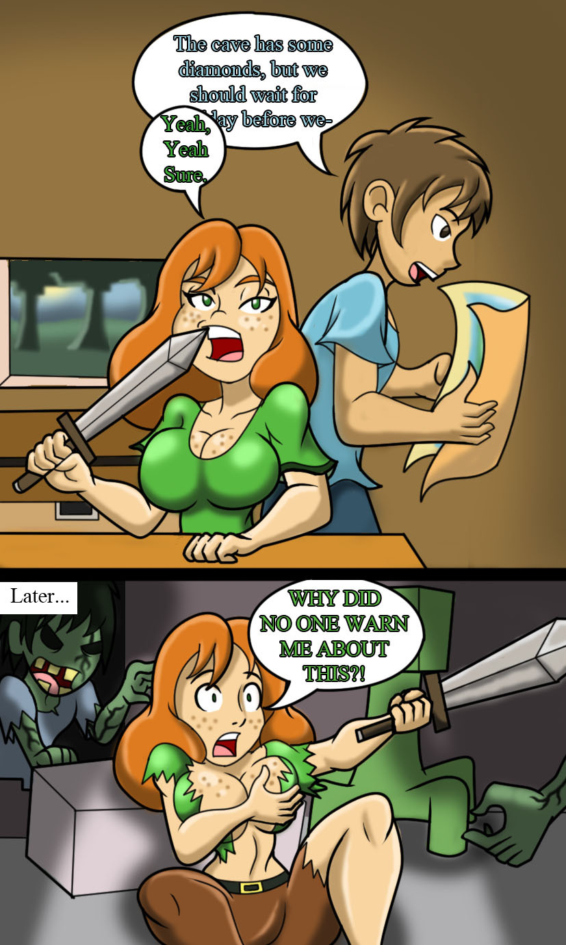 1boy, alex (minecraft), breasts, cave, creeper (minecraft), dialogue, female, freckles, freckles on breasts, freckles on face, holding own breast, holding own breasts, holding sword, human, imminent, male, minecraft, orange hair, rape, red hair, ripped clothing, ripped shirt, size11shaolins, steve (minecraft), sword, text, torn clothes, torn shirt, zombie, zombie (minecraft)